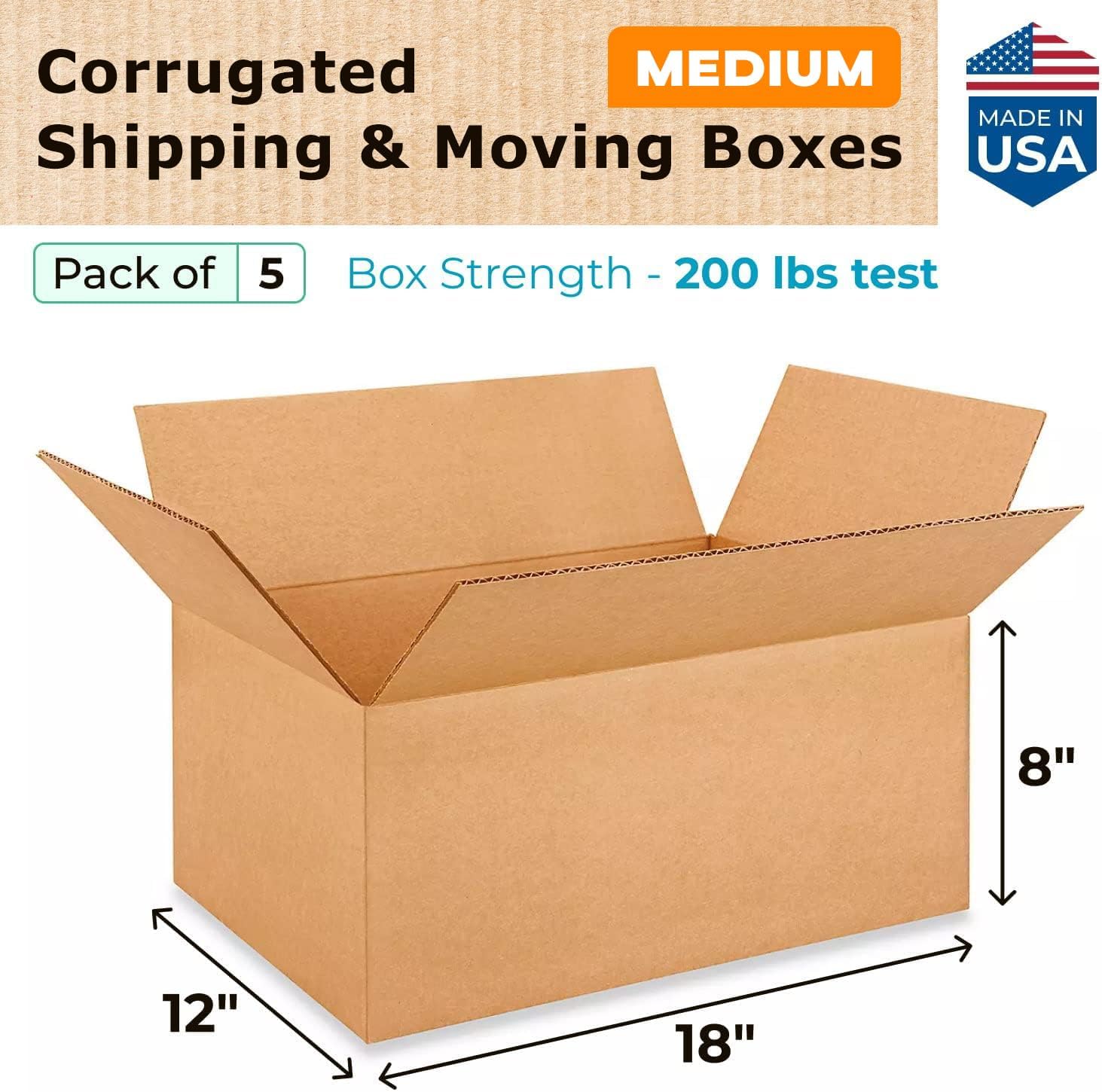 IDL Packaging Medium Moving & Shipping Boxes 18 x 12 x 8 inches (5-Pack) - Extra Strength 200 lb - Kraft Corrugated Cardboard