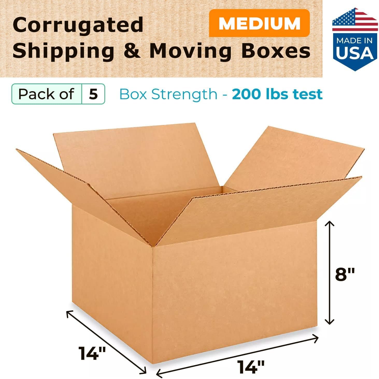 IDL Packaging - B-14148-5 Medium Corrugated Shipping Boxes 14"L x 14u201DW x 8"H (Pack of 5) - Prime Choice of Strong Packing Boxes for USPS, UPS, FedEx Shipping