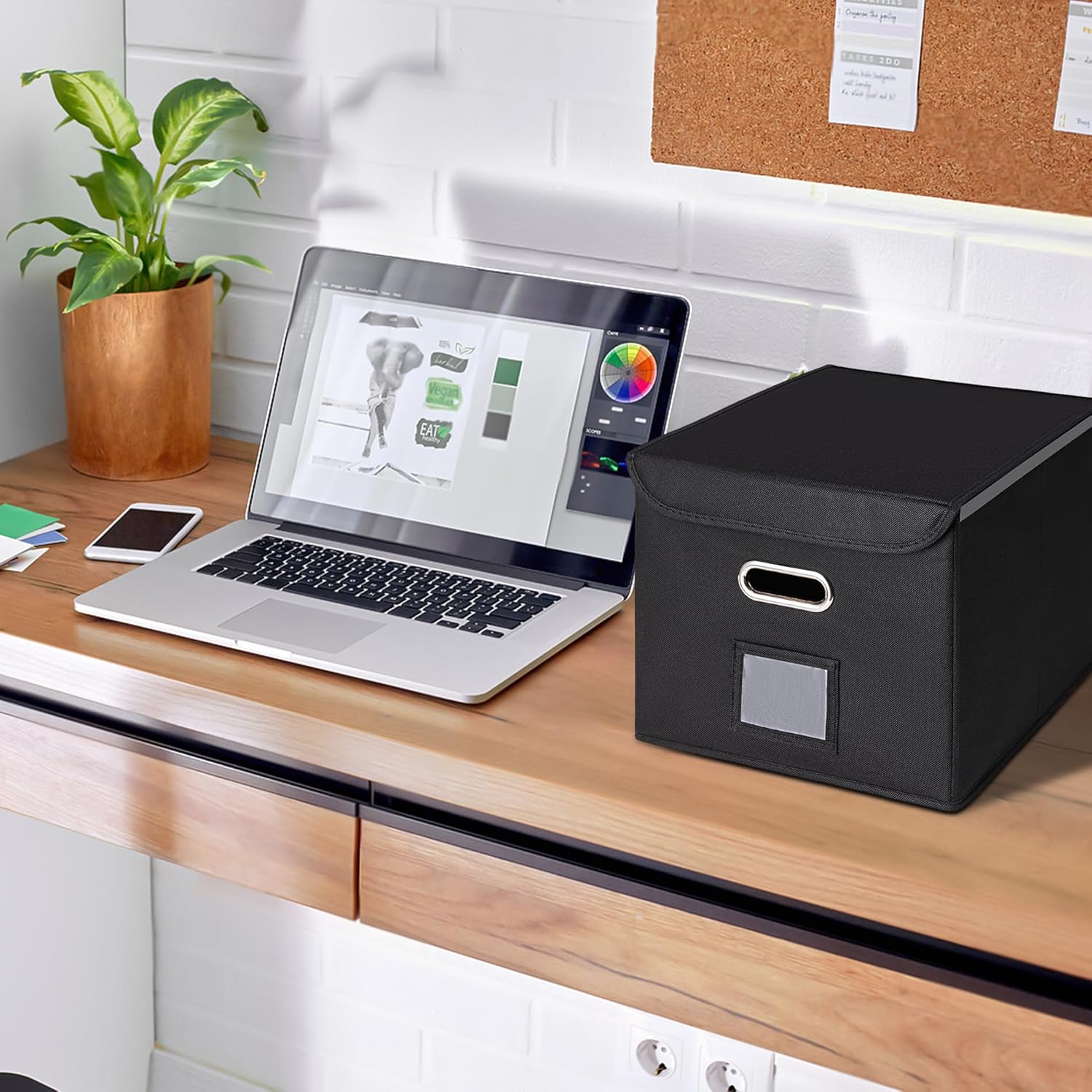 CADONO File Organizer Box with Lid, Large Hanging File Folder Organizer with Plastic Slide, Collapsible Portable Filing Storage Boxes for Office/Decor/Home (Black, 14.9 x 12.59 x 10.8 inch)