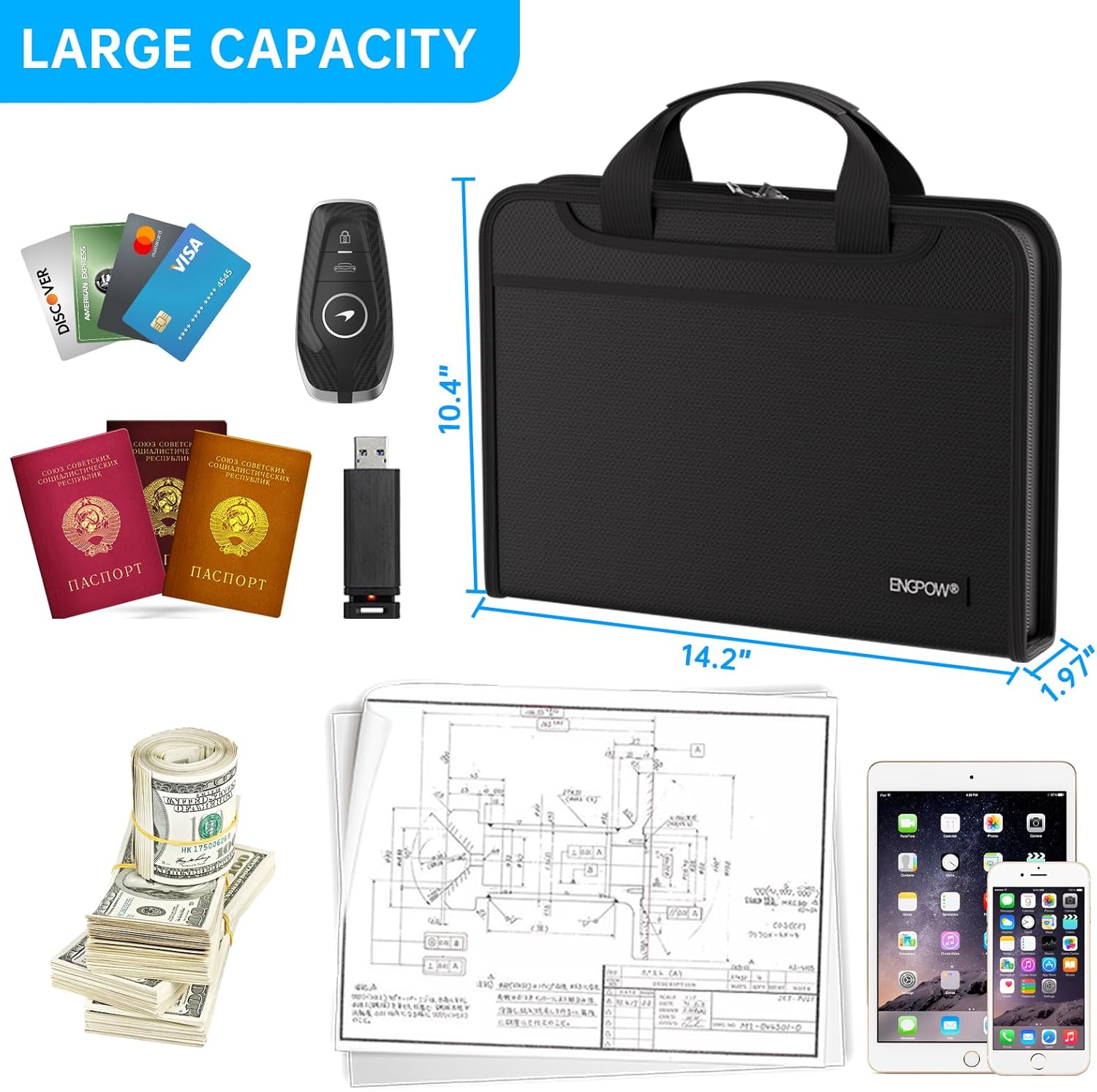 ENGPOW Accordion File Organizer, Fireproof Expanding File Folder with 13 Pockets Document Organizer with Handle & Labels, Portable Home Travel Safe Storage for Letter A4 Files and More, Black