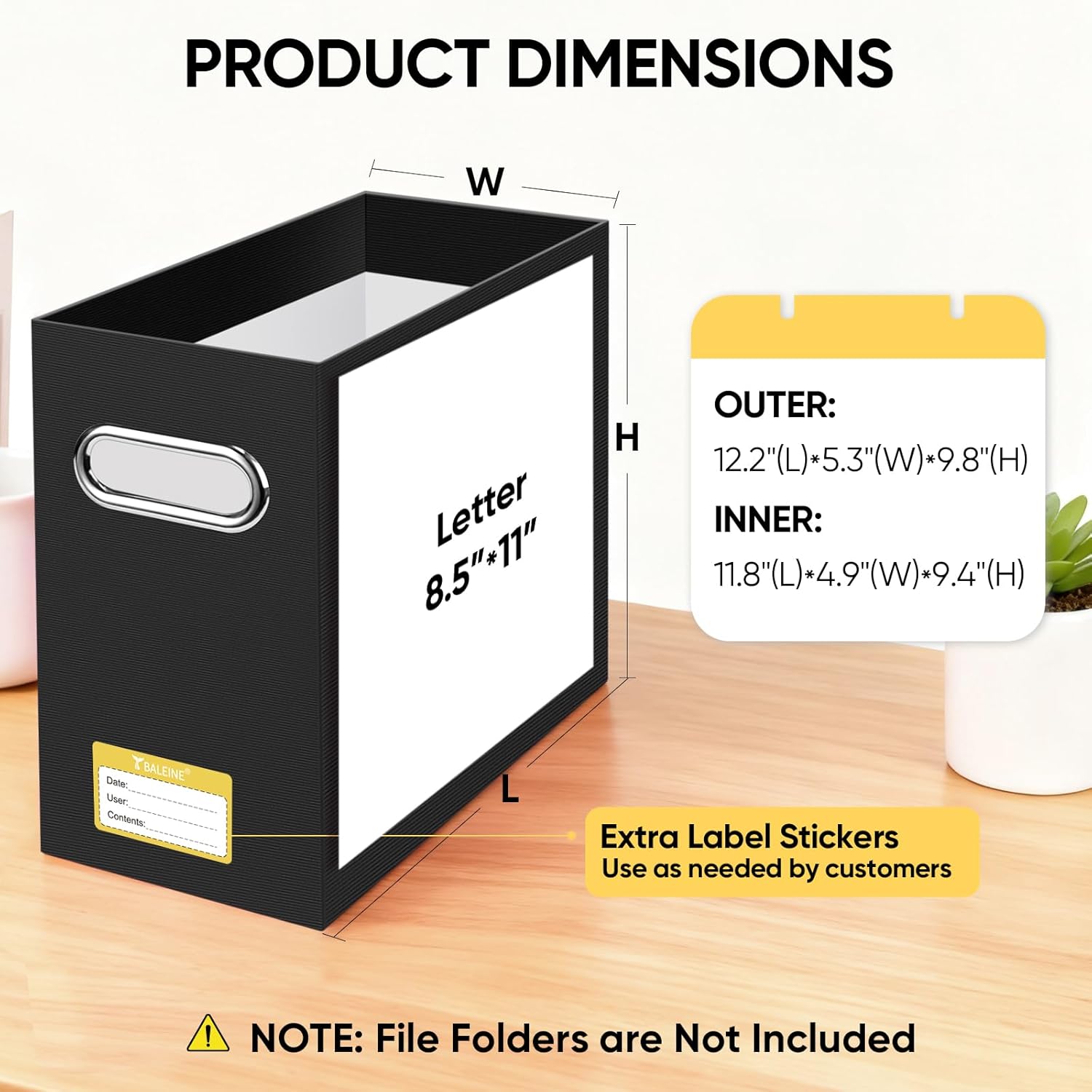 Alternative view of BALEINE File Organizer Box, Cardboard File Folder Organizer with Handle for Letter Size, Portable Collapsible Hanging Filing Box for Home Office Document Storage (2 Pack, Black)