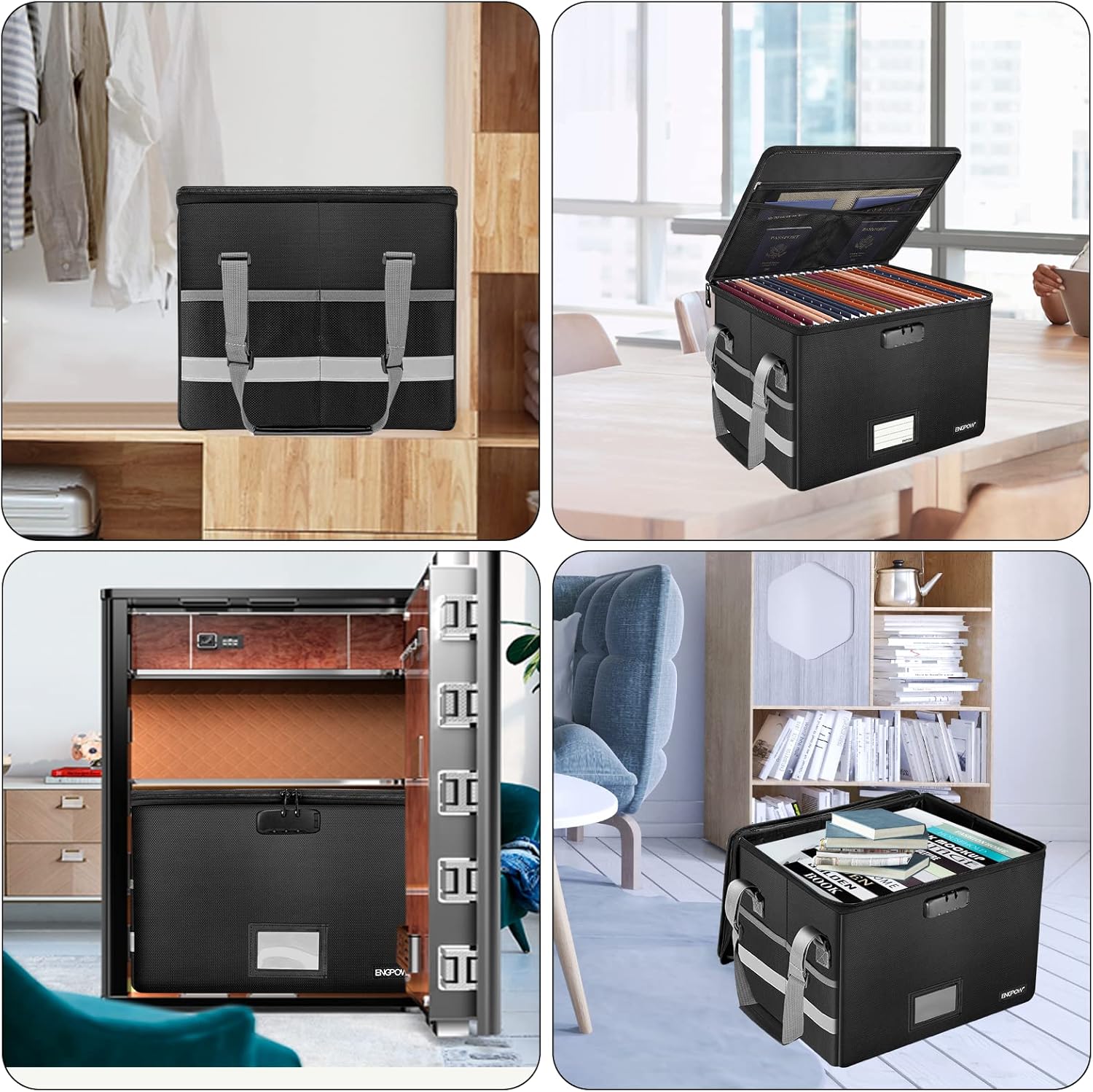 Alternative view of ENGPOW File Box with Lock,Fireproof Document Box with Zipper＆Pockets,Collapsible File Organizer Filing Storage Cabinet with Handle,Portable Home Office Safe for Hanging Letter/Legal Folder,Black