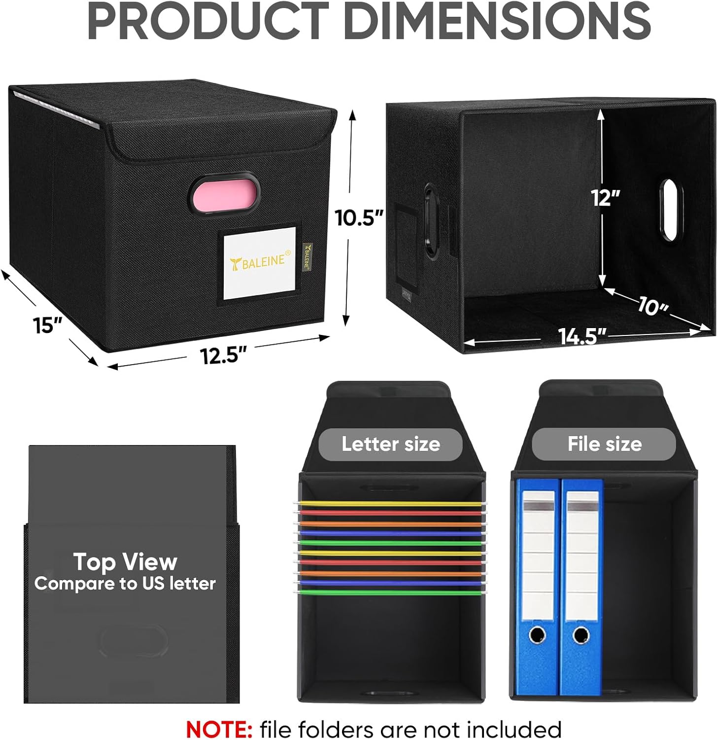 Alternative view of BALEINE File Organizer Box with Lid, Collapsible File Folder Organizer with Plastic Slide, Hanging File Folder Box for Office Document Storage (1 Pack, Black)