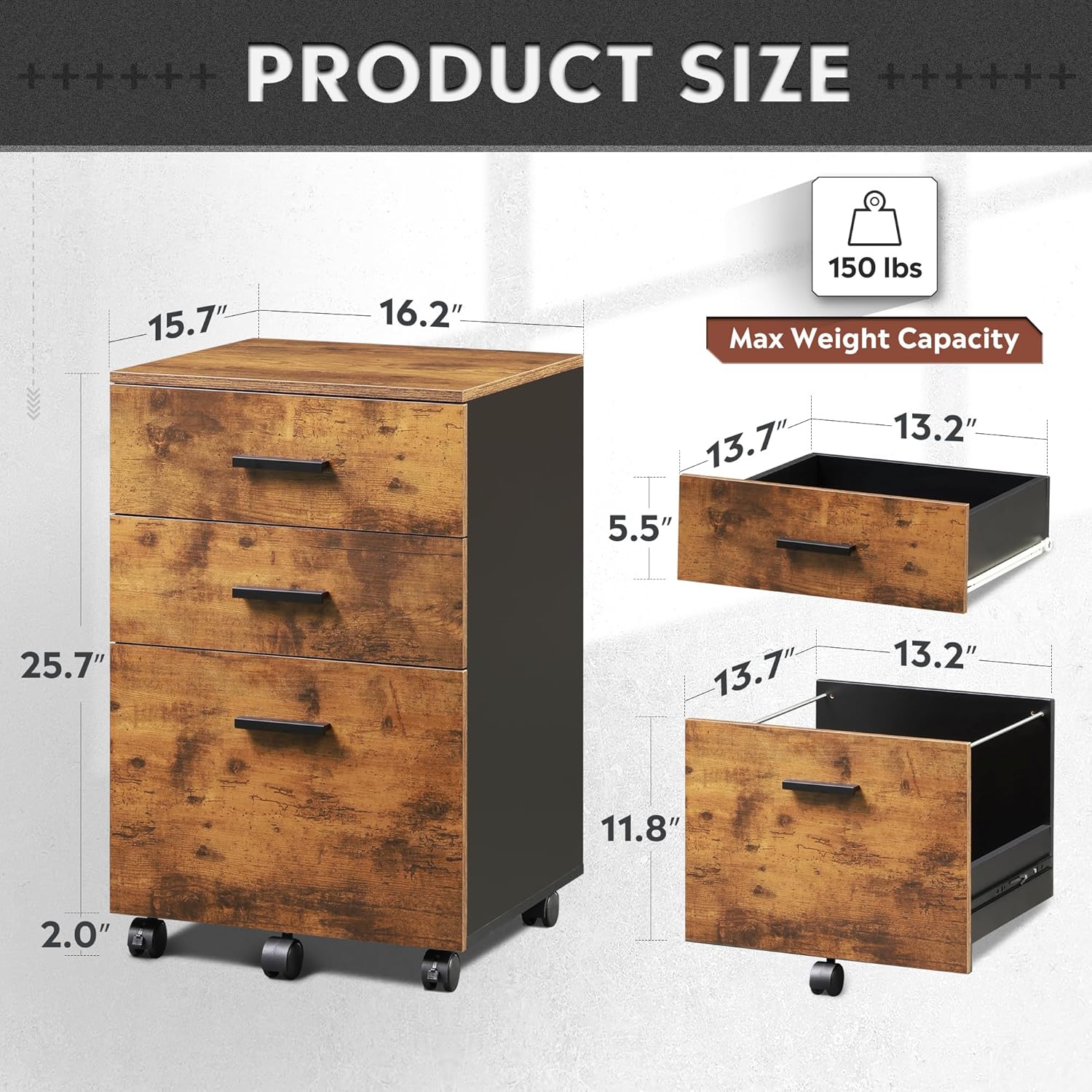 Alternative view of DEVAISE 3 Drawer Wood Mobile File Cabinet, Rolling Filing Cabinet for Letter/A4 Size, Rustic Brown