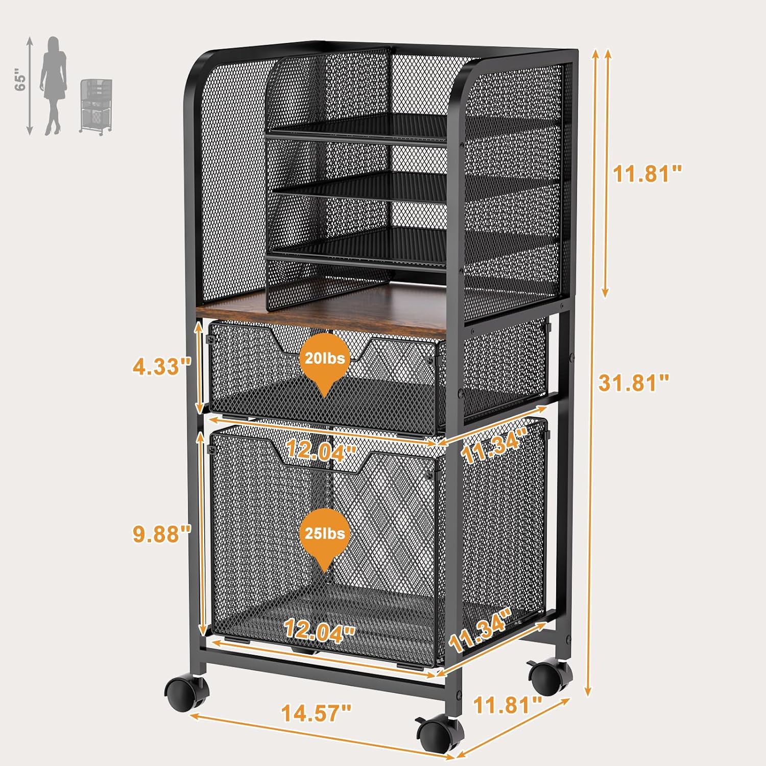 Alternative view of Feyejade 6-Tier Rolling File Cart with 2 Drawers, File Cabinet Organizer for Hanging File Folders, Letter-Size File Storage with Wheels, Multi-Layer Mobile Filing Cabinet for Office and Home