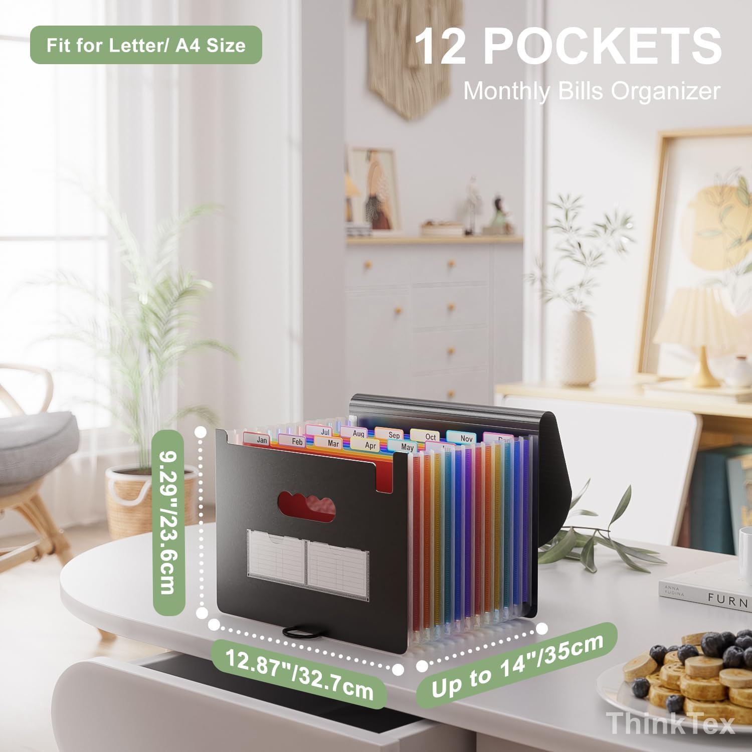 ThinkTex Accordion File Organizer, 12 - Pocket Expanding File Folders for Paper Receipts, Bills & Taxes Organizer, Letter/A4 Size Document Holder for School, Office, Home with Colorful tabs- Black