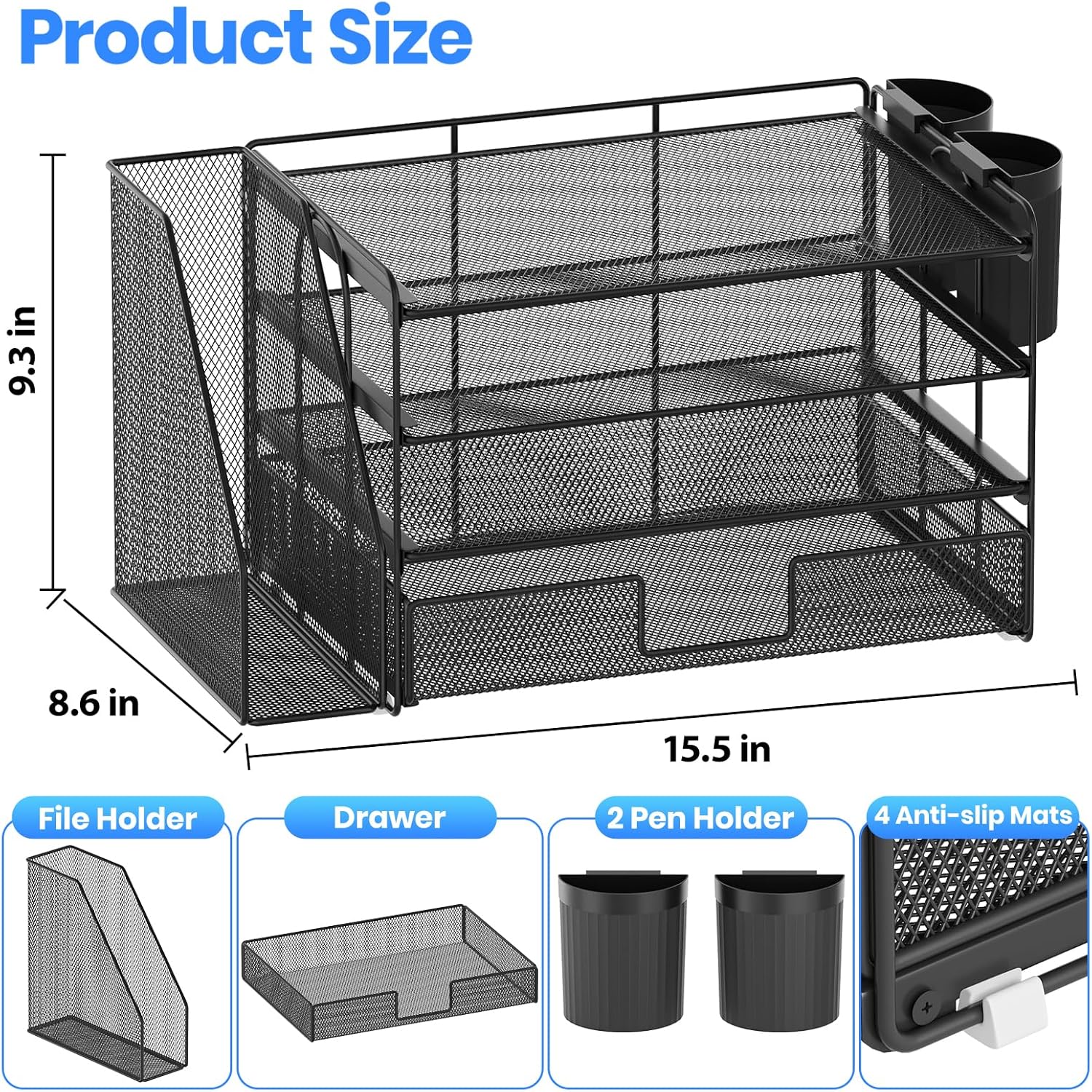 Alternative view of OPNICE Desk Organizer, 4-Tier Desktop File Organizer with Drawer and 2 Pen Holders, Office Desk Accessories, File Sorters, Workspace Organizers for Office Supplies(Black)