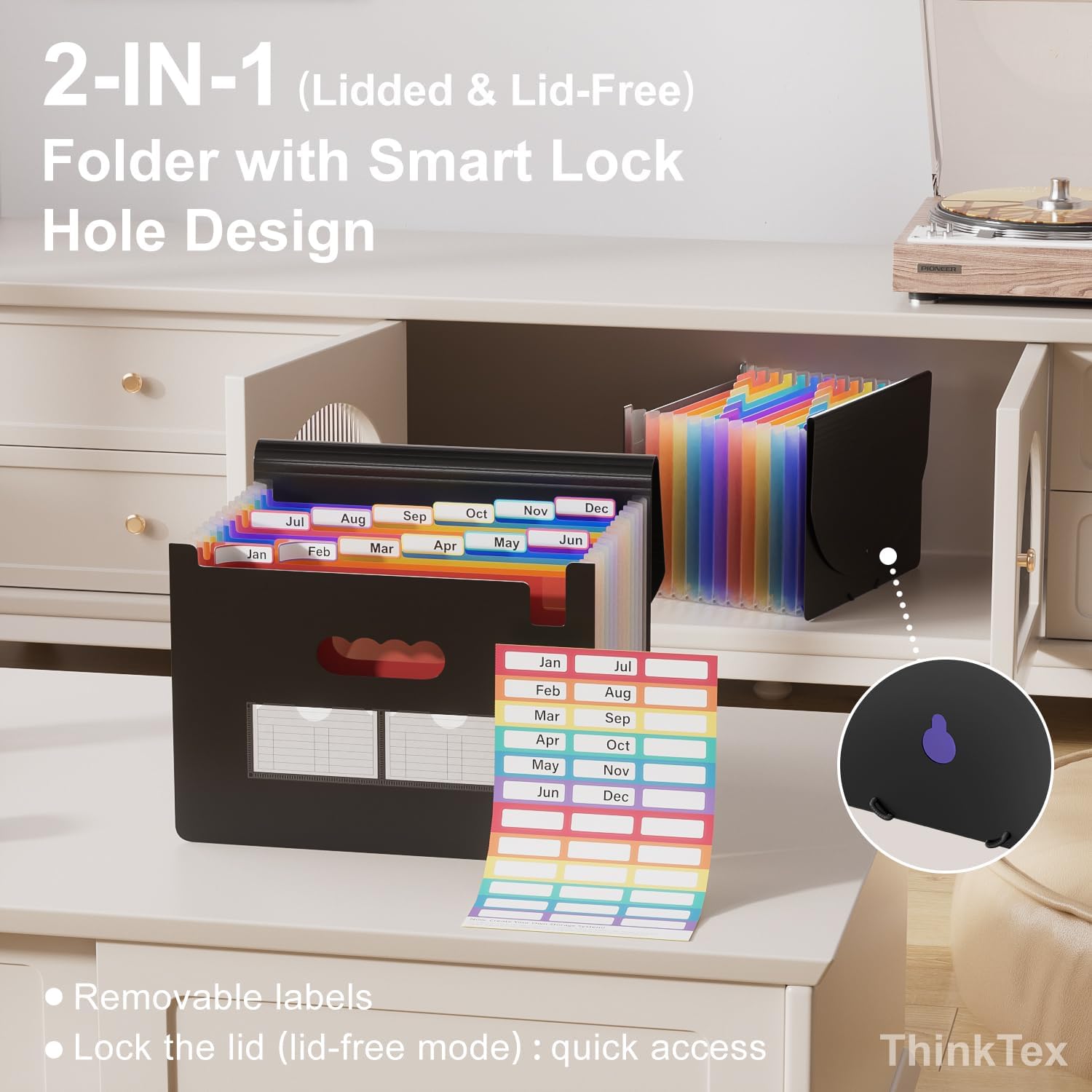 Alternative view of ThinkTex Accordion File Organizer, 12 - Pocket Expanding File Folders for Paper Receipts, Bills & Taxes Organizer, Letter/A4 Size Document Holder for School, Office, Home with Colorful tabs- Black