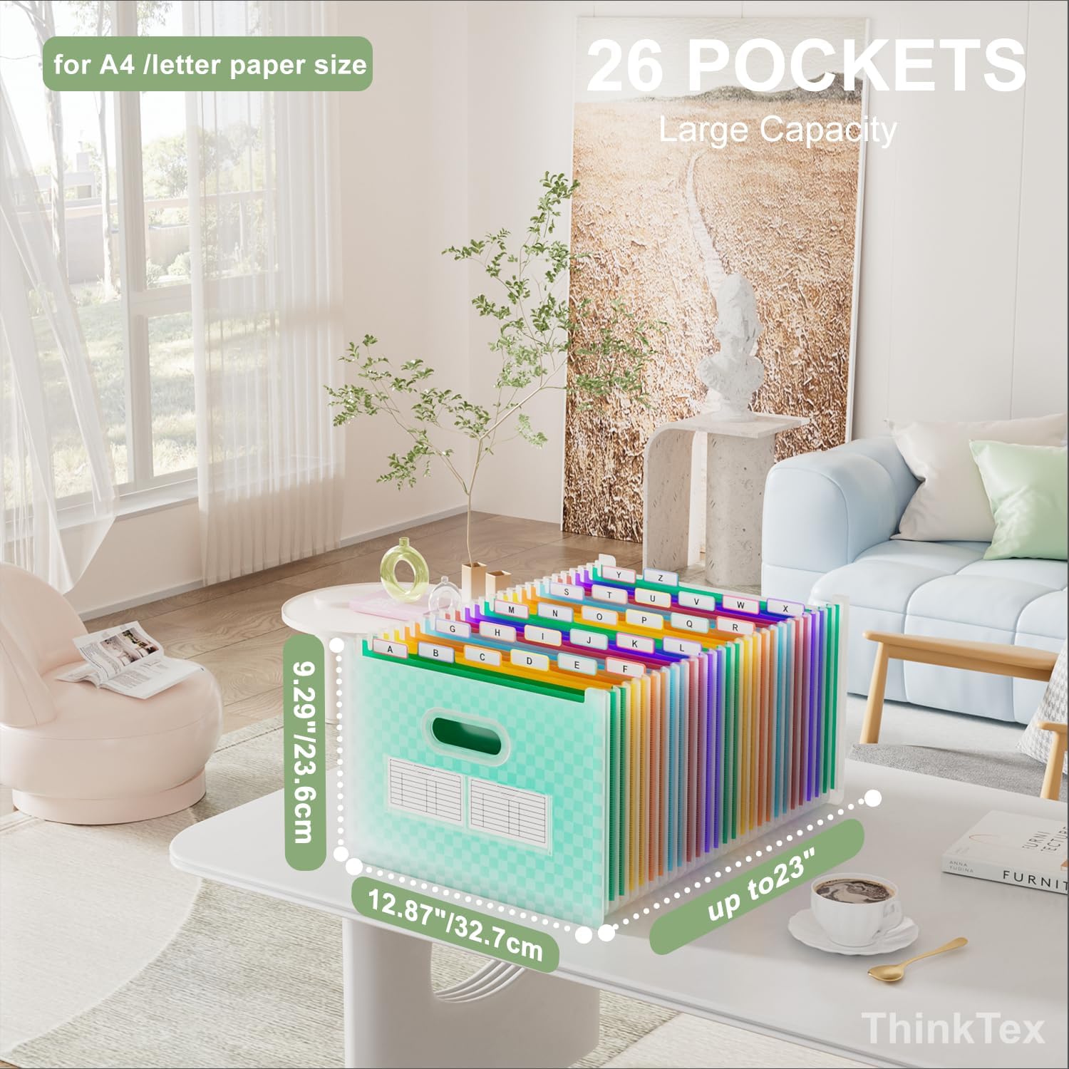 Alternative view of ThinkTex 26-Pocket Accordion File Organizer, Upright & Open Top, Au2013Z Colorful Tabs, High Capacity Expanding File Folder, Letter/A4 Size Essentials for School, Home, and Office- Green