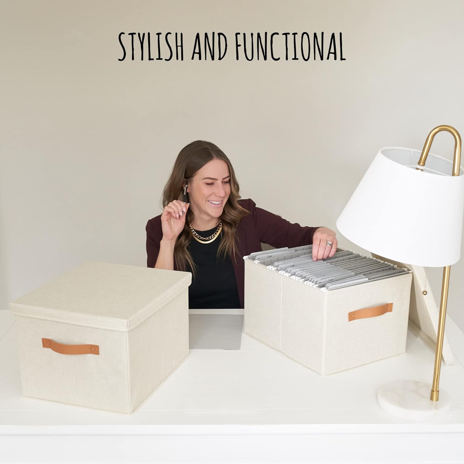 Alternative view of ZICOTO Decorative File Organizer Box Set of 2 - Collapsible Linen Filing Cabinets w/Handles Are Perfect to Store all Your Documents & Hanging File Folders - Portable Easy Slide Crates with Lid