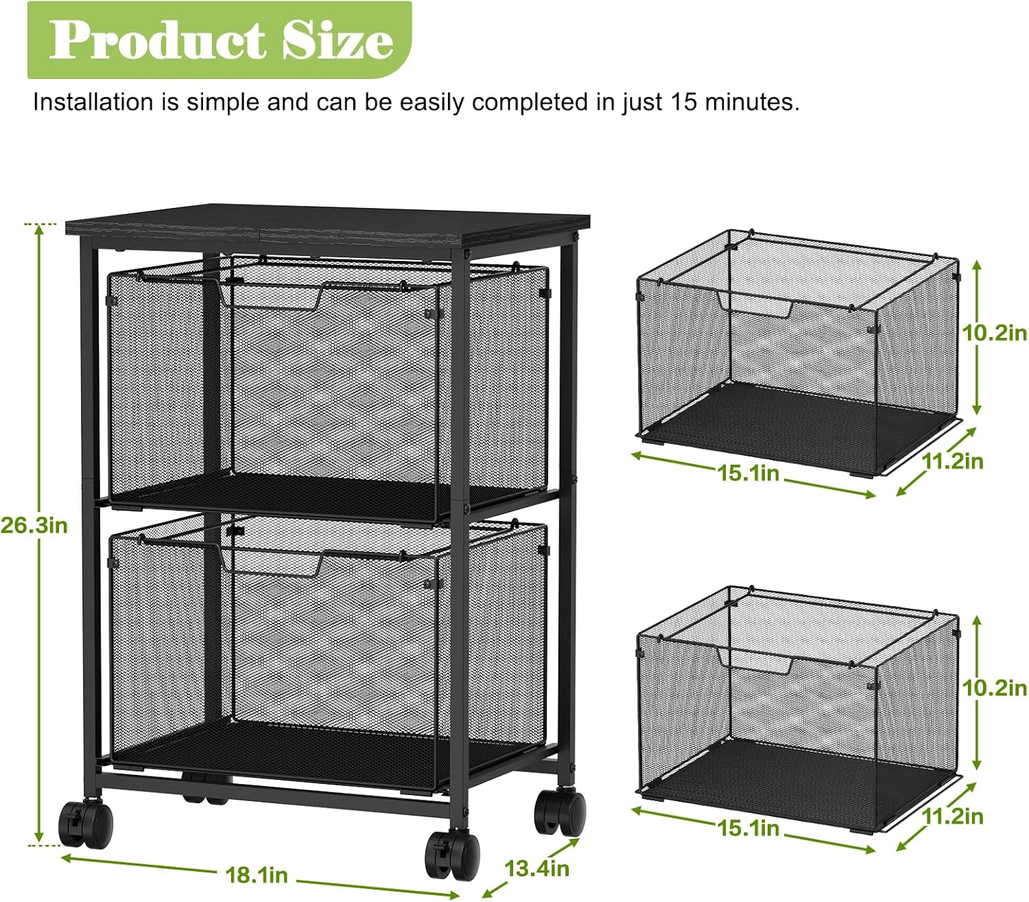 Sbanmao Letter/Legal Rolling File Cart with 2 Storage Drawers, Under Desk Storage, Vertical Filing Cabinet for Home Office, Hanging File Folders Organizer, Mobile Utility Cart Printer Stand, Black