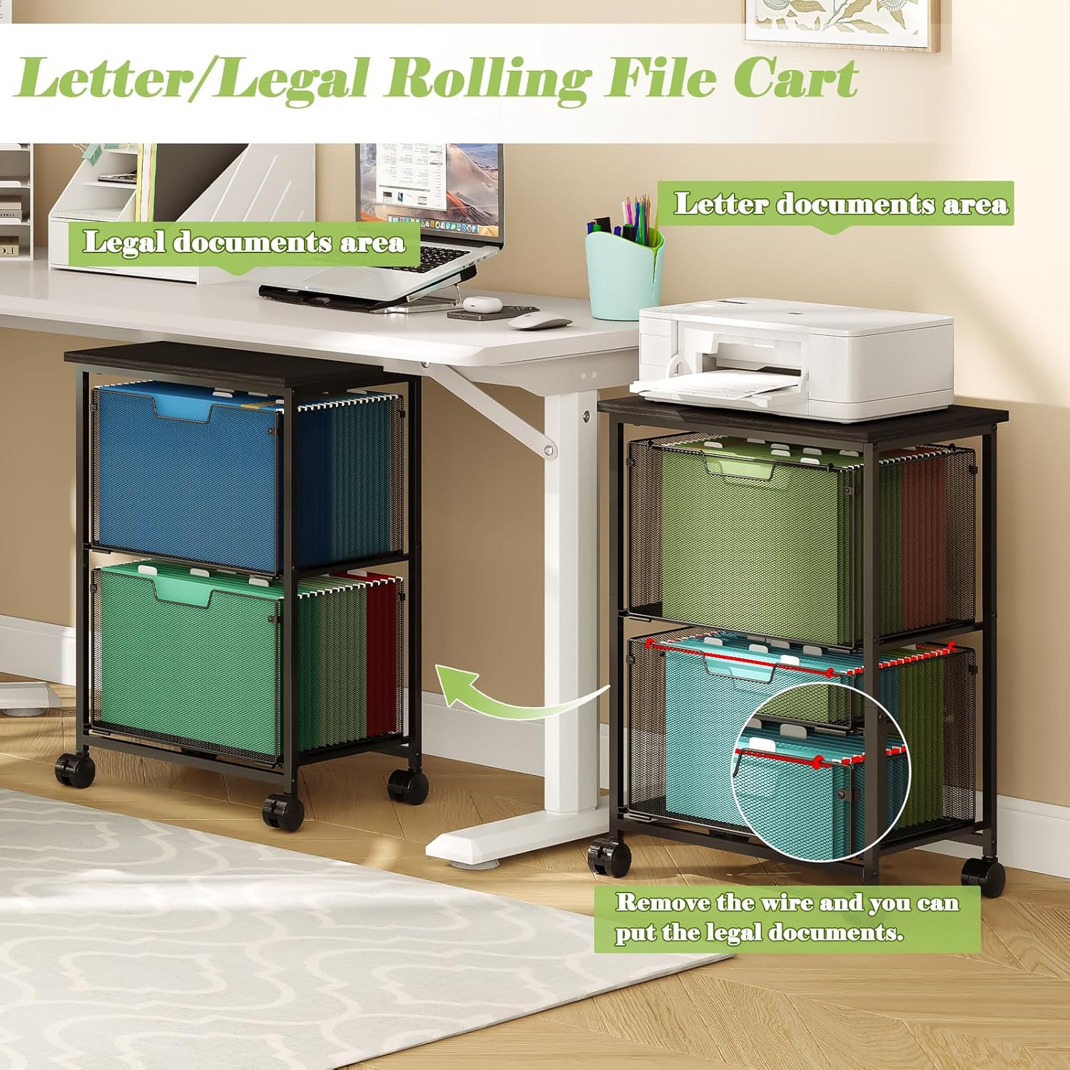 Alternative view of Sbanmao Letter/Legal Rolling File Cart with 2 Storage Drawers, Under Desk Storage, Vertical Filing Cabinet for Home Office, Hanging File Folders Organizer, Mobile Utility Cart Printer Stand, Black