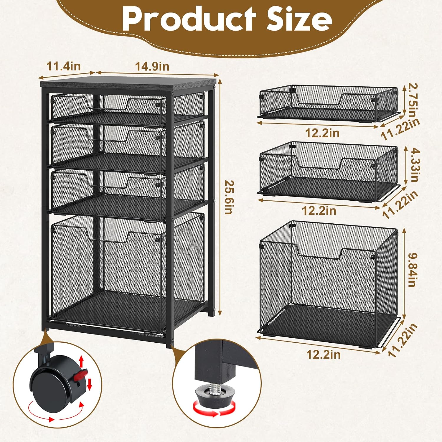 Sbanmao Rolling File Cart with 4 Storage Drawers, Filing Cabinet for Home Office, Hanging File Folder Organizer with Wheels Under Desk, Utility Craft Cart Printer Stand, Black
