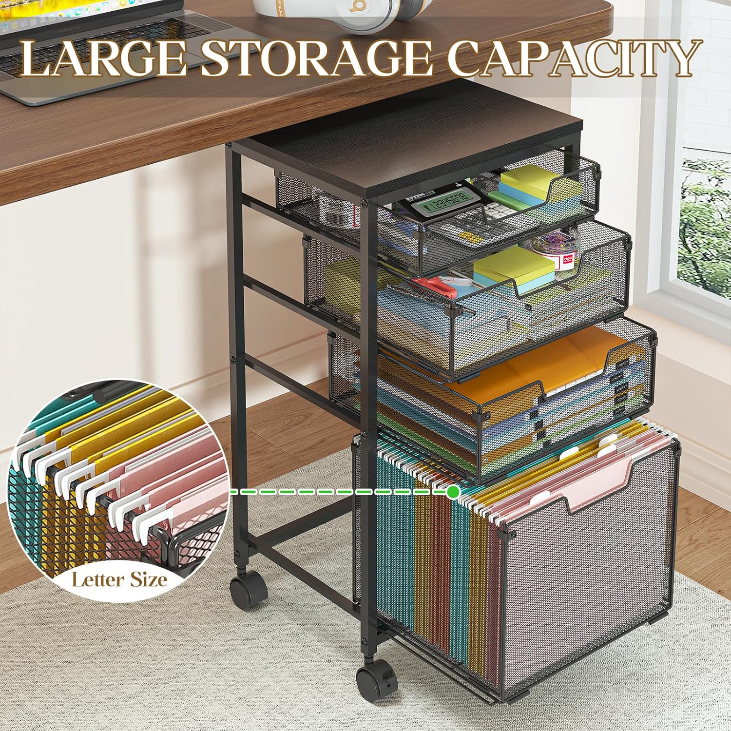 Alternative view of Sbanmao Rolling File Cart with 4 Storage Drawers, Filing Cabinet for Home Office, Hanging File Folder Organizer with Wheels Under Desk, Utility Craft Cart Printer Stand, Black