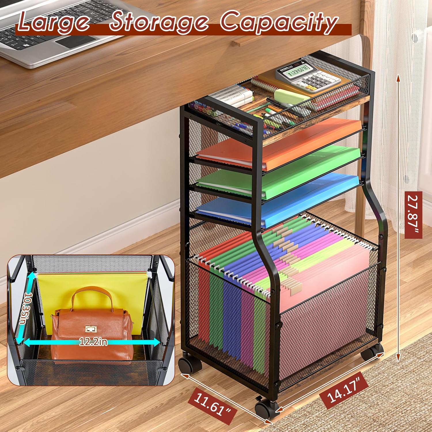 3IngSeagulls 5-Tier Rolling File Cart with Hanging File Folders, Mobile Desk File Organizer on Lockable Wheels, Wood & Mesh Paper Letter Sliding Trays Organization for Office, Home, School, Patent