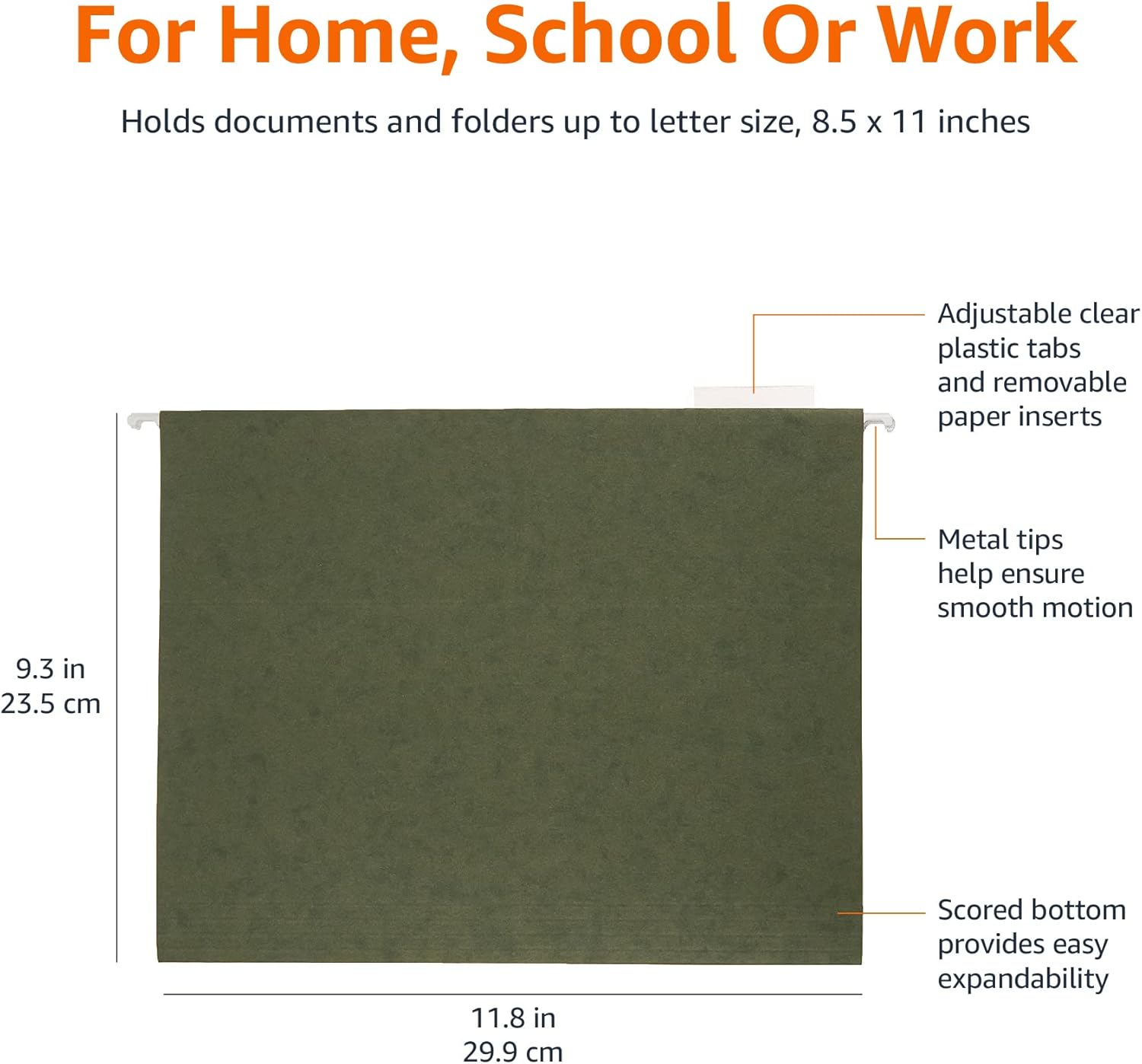 Amazon Basics Hanging Organizer File Folders for Efficient Filing, Sturdy, Adjustable Tabs, Letter Size, Pack of 25, Green