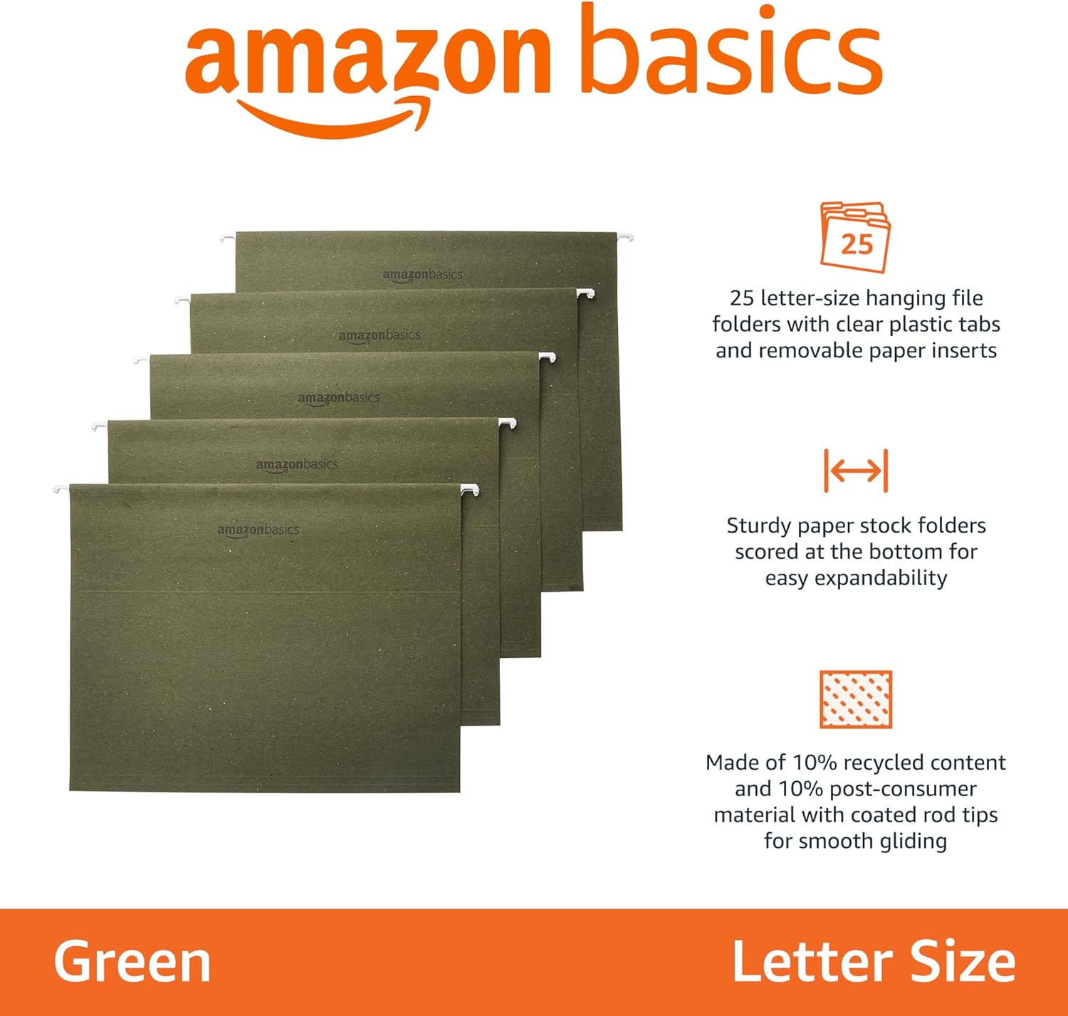 Alternative view of Amazon Basics Hanging Organizer File Folders for Efficient Filing, Sturdy, Adjustable Tabs, Letter Size, Pack of 25, Green