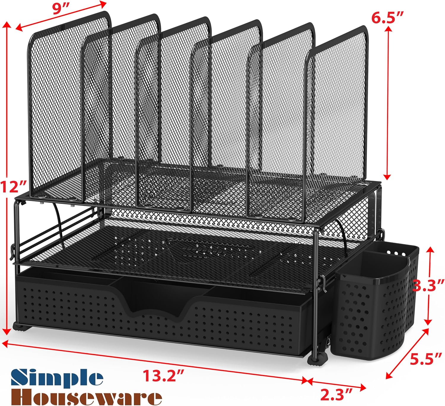 Alternative view of SIMPLE HOUSEWARE Mesh Desk Organizer with Sliding Drawer, Double Tray and 5 Upright Sections, Black