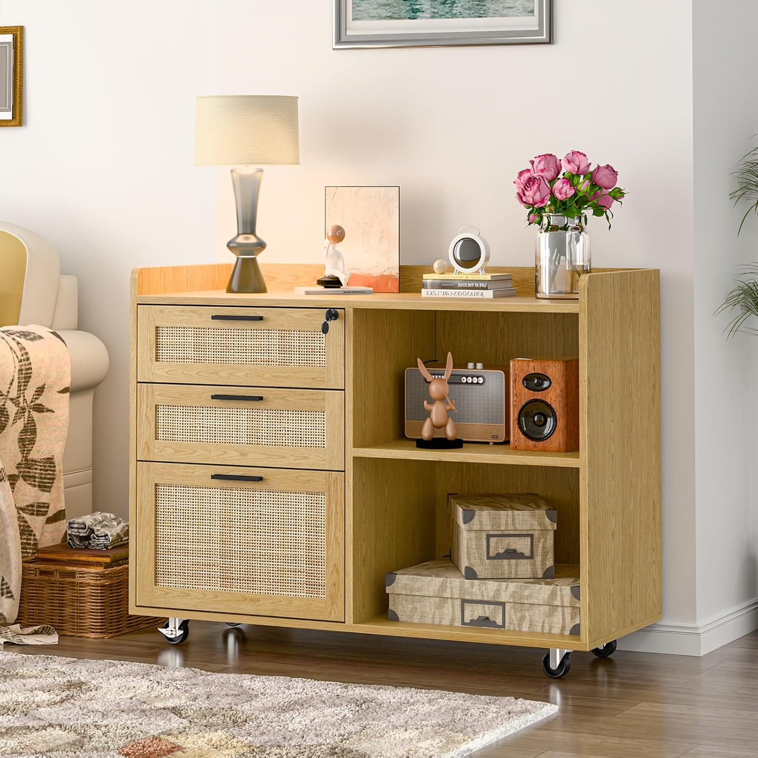 Halitaa Rattan File Cabinets, 3 Drawer Lateral Filing Organization Storage Cabinets with Lock, Rolling Printer Stand Home Office Organizer for Hanging Files Letter/Legal/A4 Size, Oak