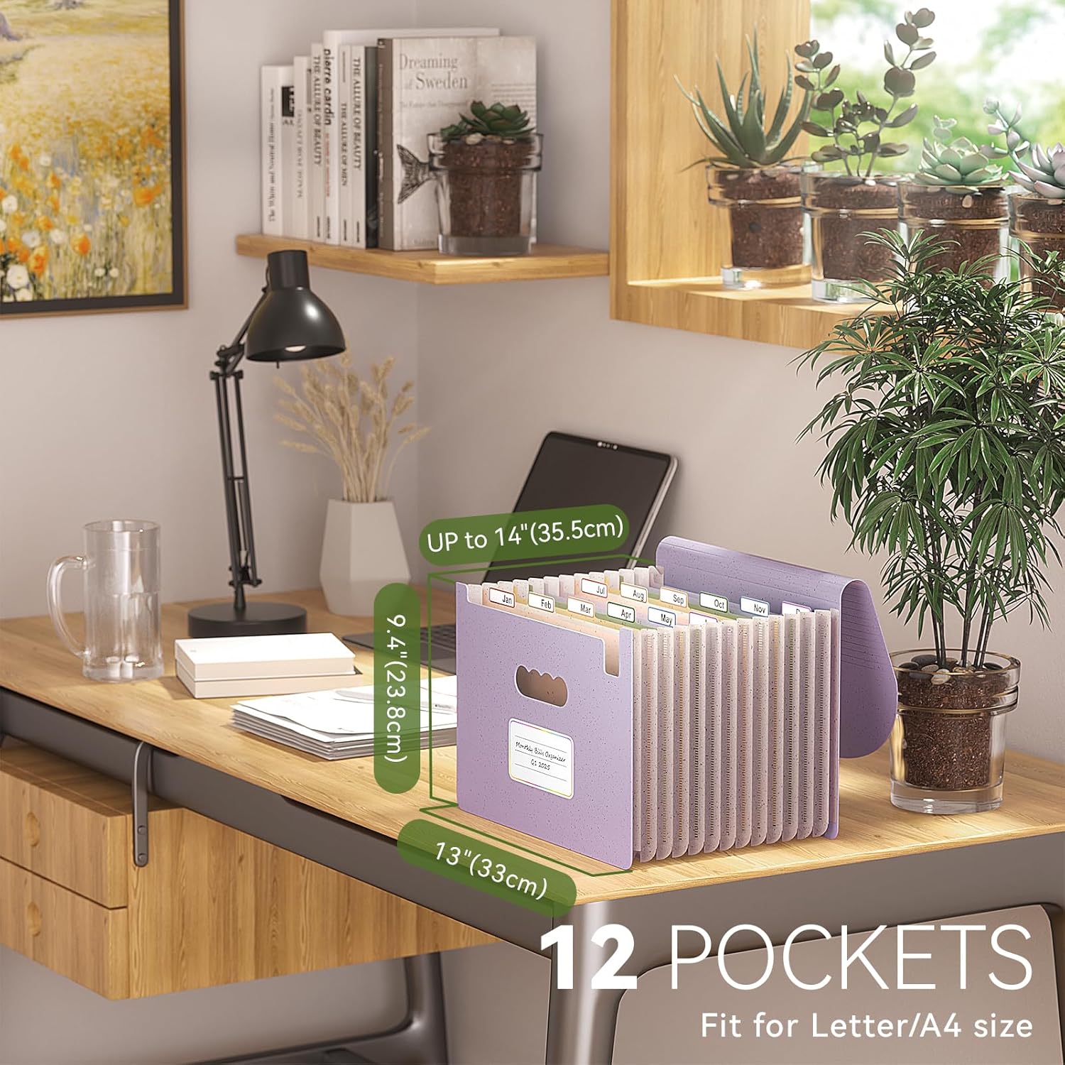 EcoStash Accordion File Organizer, 12-Pocket Wheat Straw Expanding File Folder, Portable Monthly Bill & Tax Receipt Organizer, Letter/A4 Size Document Holder with Colorful Tabs-Lavender Purple