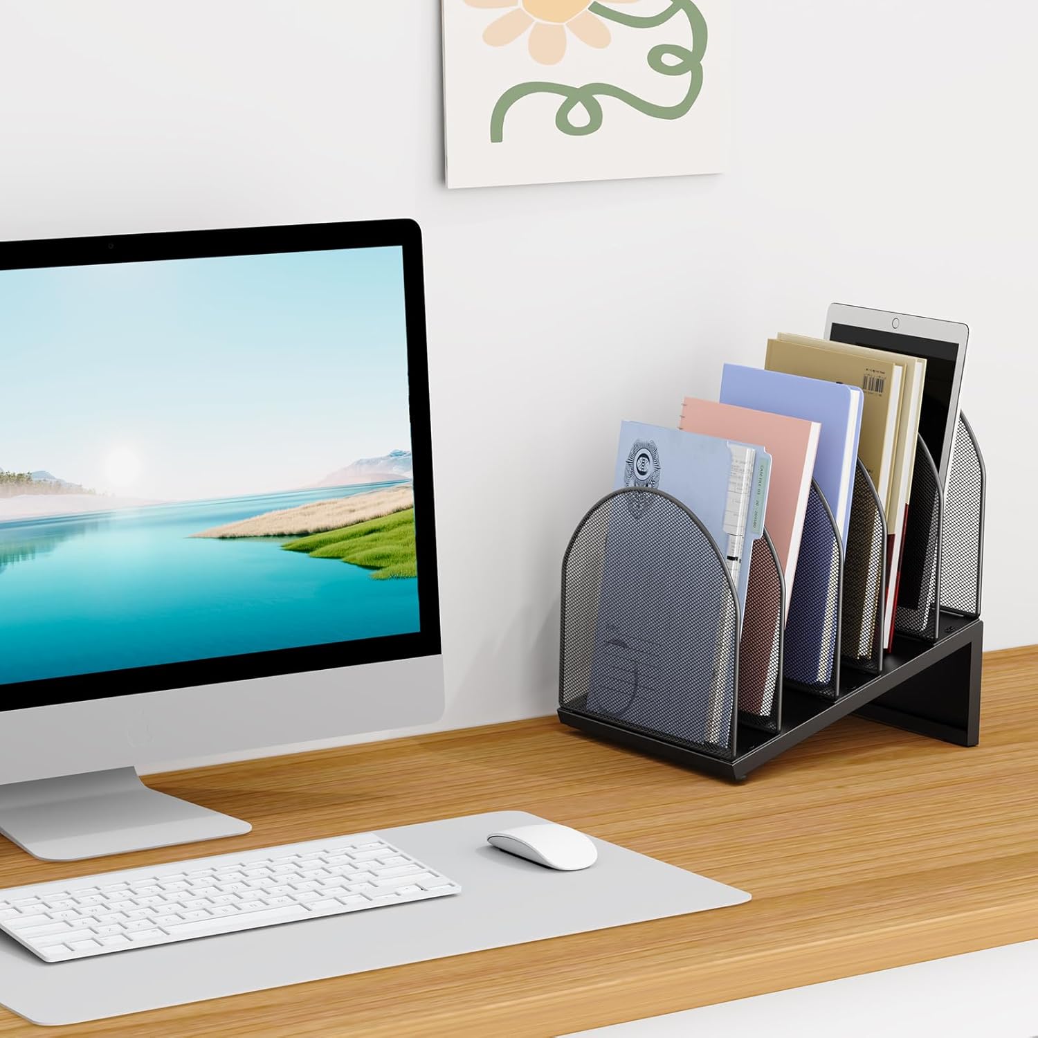 OUTIOE 5-Section Desk File Organizer, Metal Mesh Folder Organizer for Documents, Mail & Office Papers (Black)