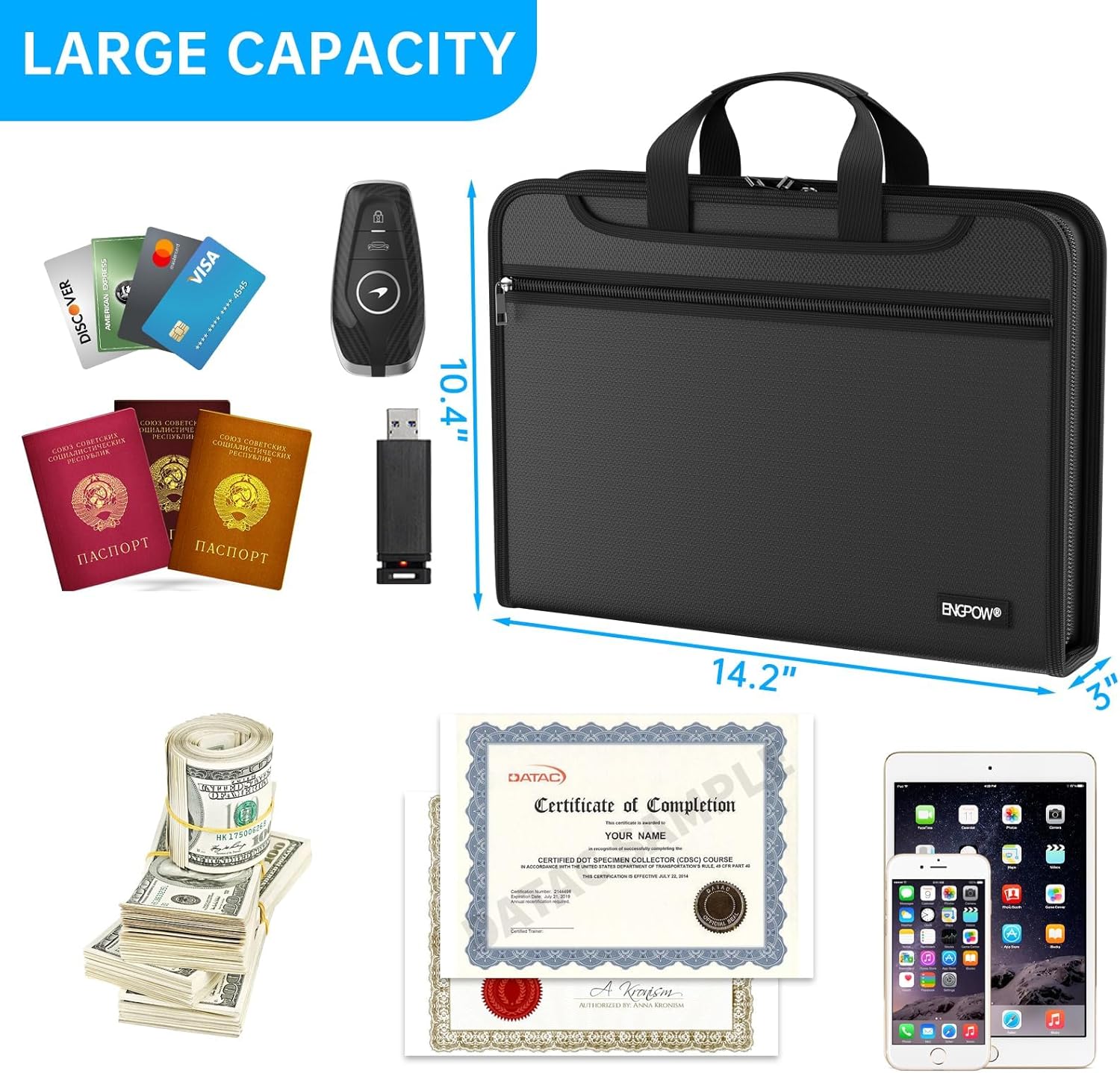 ENGPOW Accordion File Organizer,Fireproof Expanding File Folder with Colorful Pockets,25 Pockets Document Organizer with Handle & Labels,Portable Home Travel Safe Storage for Letter A4 Files,Black