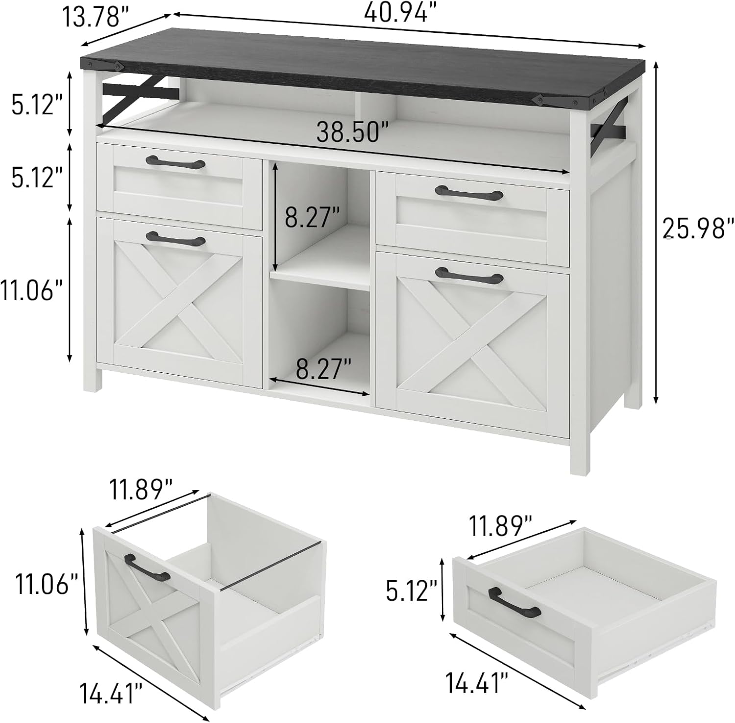 Lateral File Cabinets 4 Drawers with Open Storage Shelf, Farmhouse Filing Cabinet with Adjustable Shelf for Home Office, Filing Organization Storage Cabinets for Hanging Files Letter/A4. Black