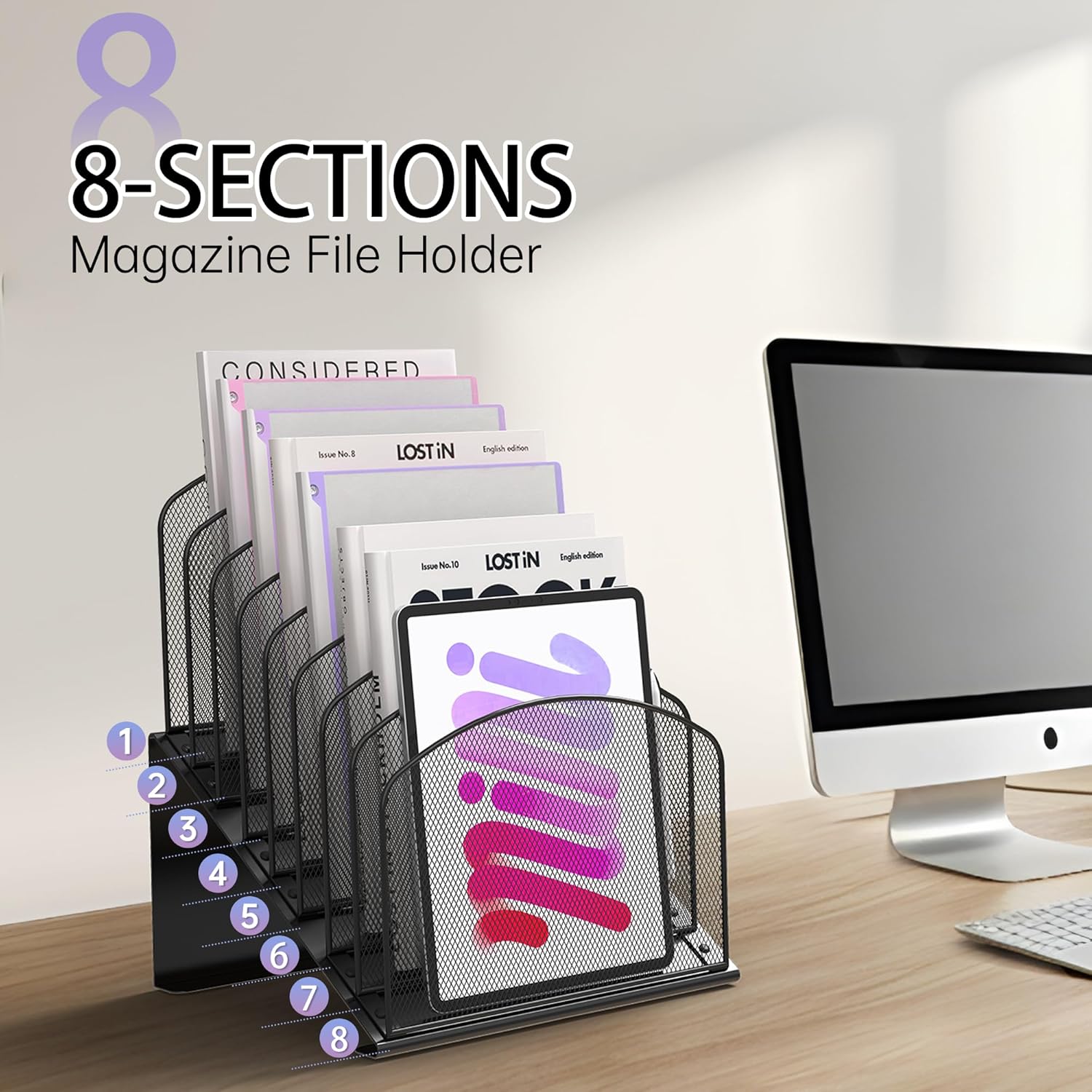 Alternative view of Inclined Desk File Organizer Metal Desk Magazine Folder Holder with 8-Section Vertical Compartments Rack File Organizer for Office, Home, School, Black