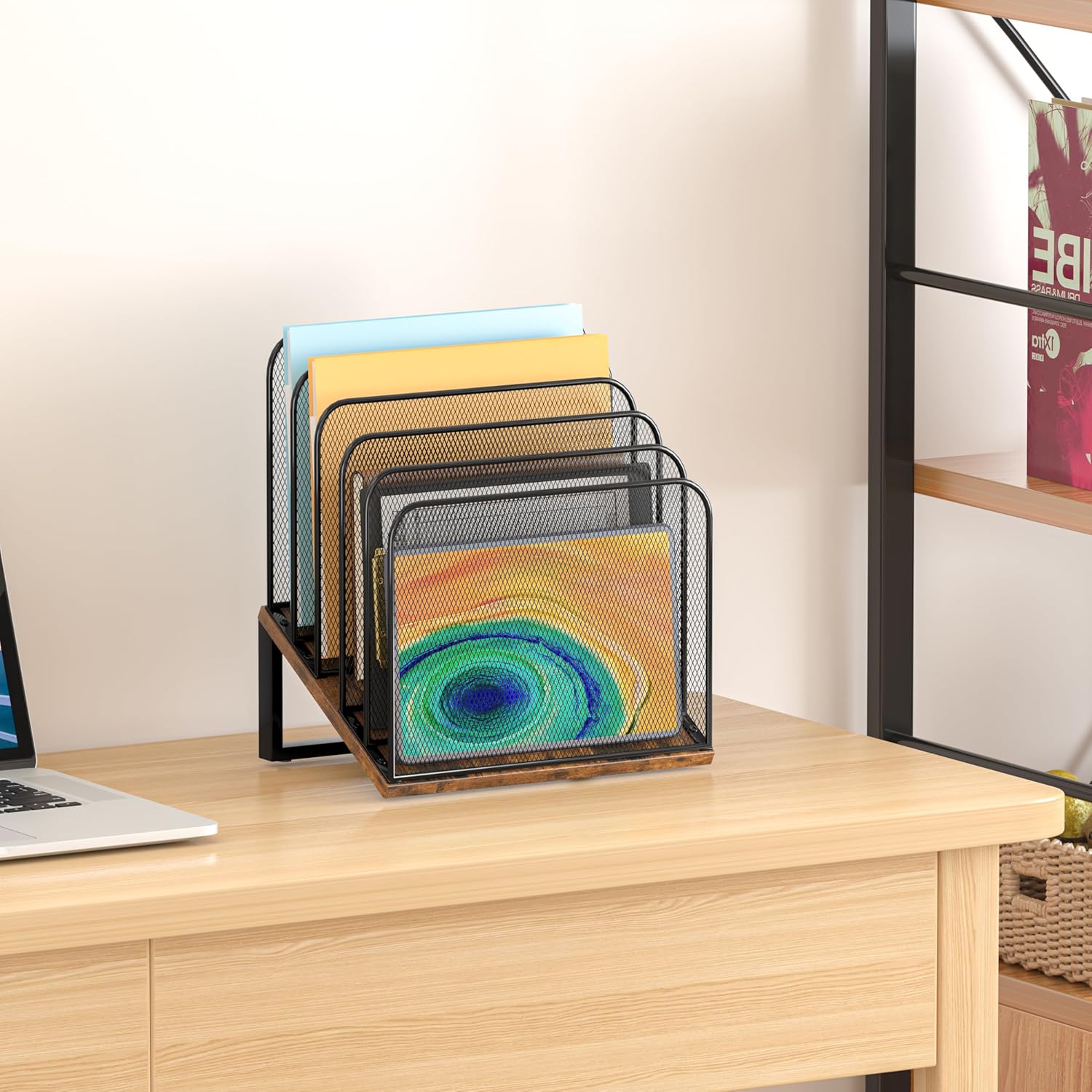 Piskyet Vertical File Organizer, 5-Section Vertical File Folder Holder Stand,Metal Mail Paper Chromebook Organizer for Teacher Desk Office Classroom Desktop Organization（Inclined）