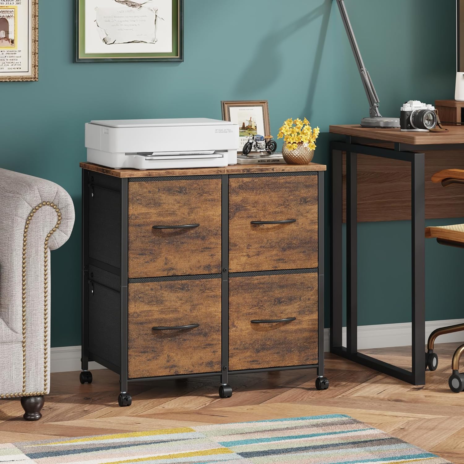 HIGDBFE 4 Drawer Lateral File Cabinet, Mobile Filing Cabinet for Large Printer, Home Office Functional Small Office Storage Cabinet & Printer Stand, Fits Letter/A4, Rustic Brown