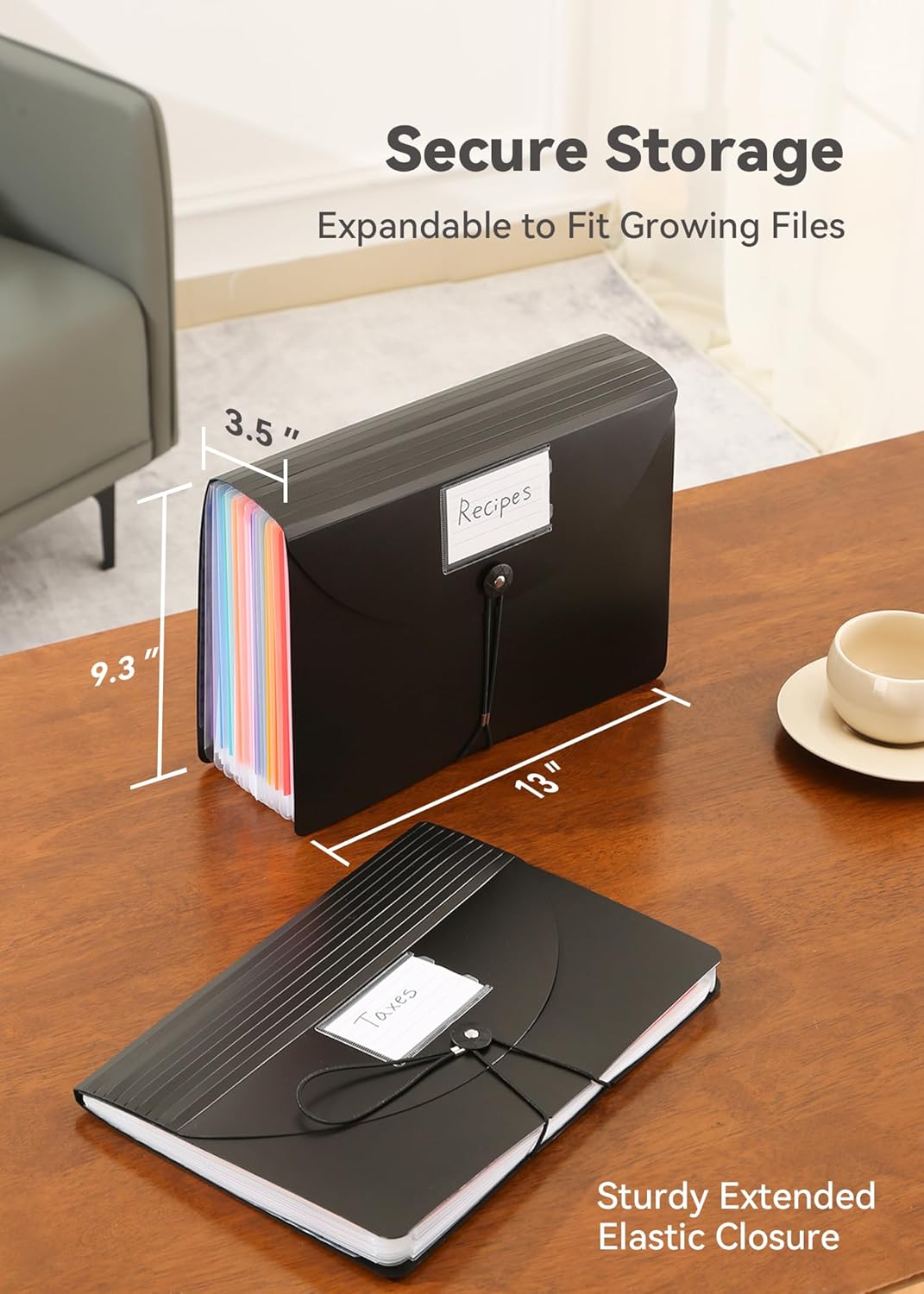 SortRax Accordion File Organizer 12 Pockets, Monthly Bill Receipt Tax Organizer, Expanding File Folders with Larger Bright Tabs, Fits Letter/A4 Size - Black