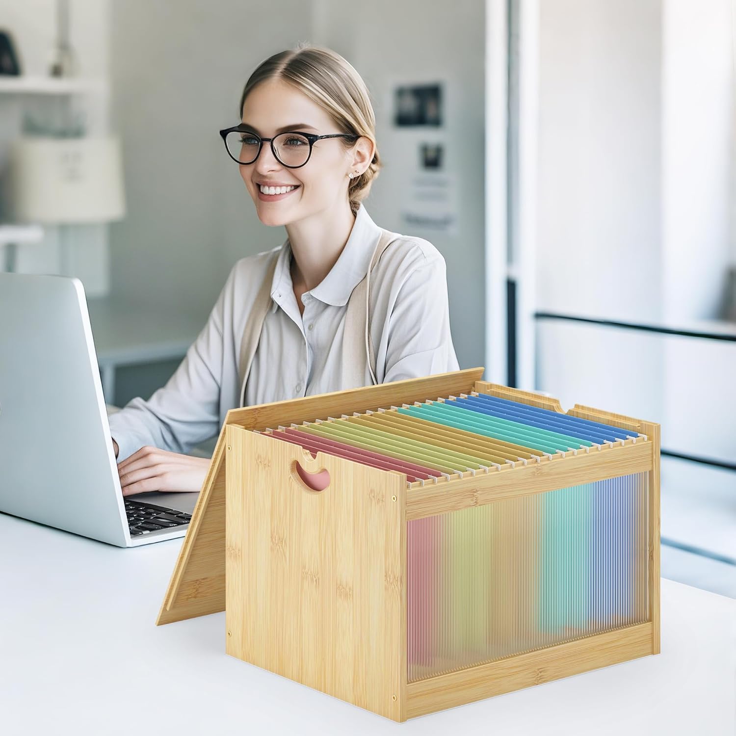 Hanging File Box Organizer for Letter Size, Bamboo Acrylic File Folder Storage with Lid Clear Moving Boxes Wooden with Handle Desktop Wood Filing Holder for Office Banker Document Nature 1 Pack
