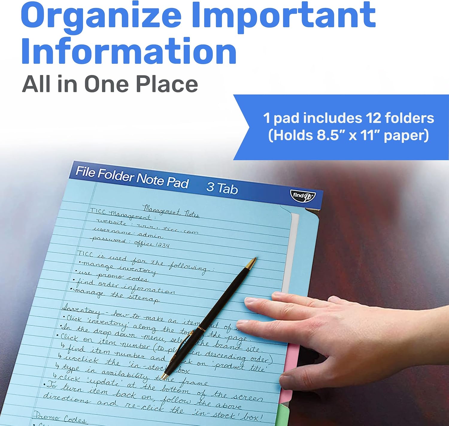 Alternative view of Find It File Folder Notepad - Pack of 12-9.5 x 12.5 Inch Notebook Organizer Folders for Filing, Document, and Clipboard Organization - Assorted Colors