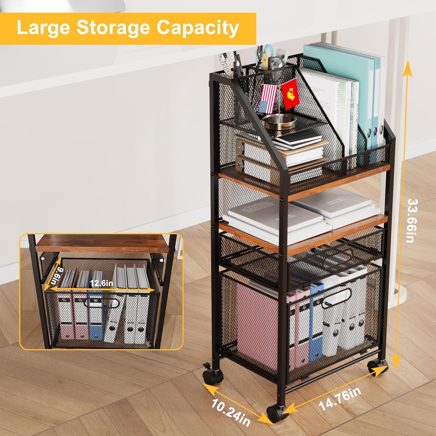Cankm Rolling File Cart with 2 Drawers Metal Moving Storage Cart with Lockable Wheels Wood&Mesh Rolling File Organizer Filing Cabinets for Home Office Classroom Organization(31 * 15 * 10 Inch)