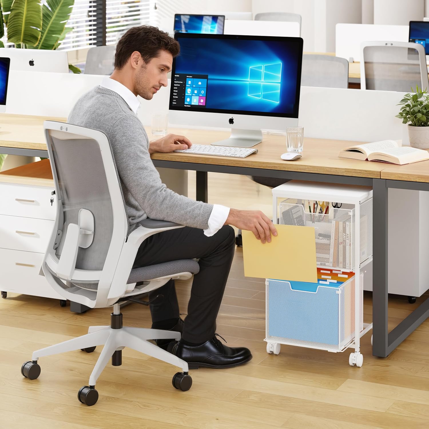 Rolling File Cart with 2 Storage Drawers,Under Desk Storage Cart,Hanging File Folder Organizer with Wheels, Filing Cabinet Mobile Printer Stand Utility Craft Cart for Home Office,White