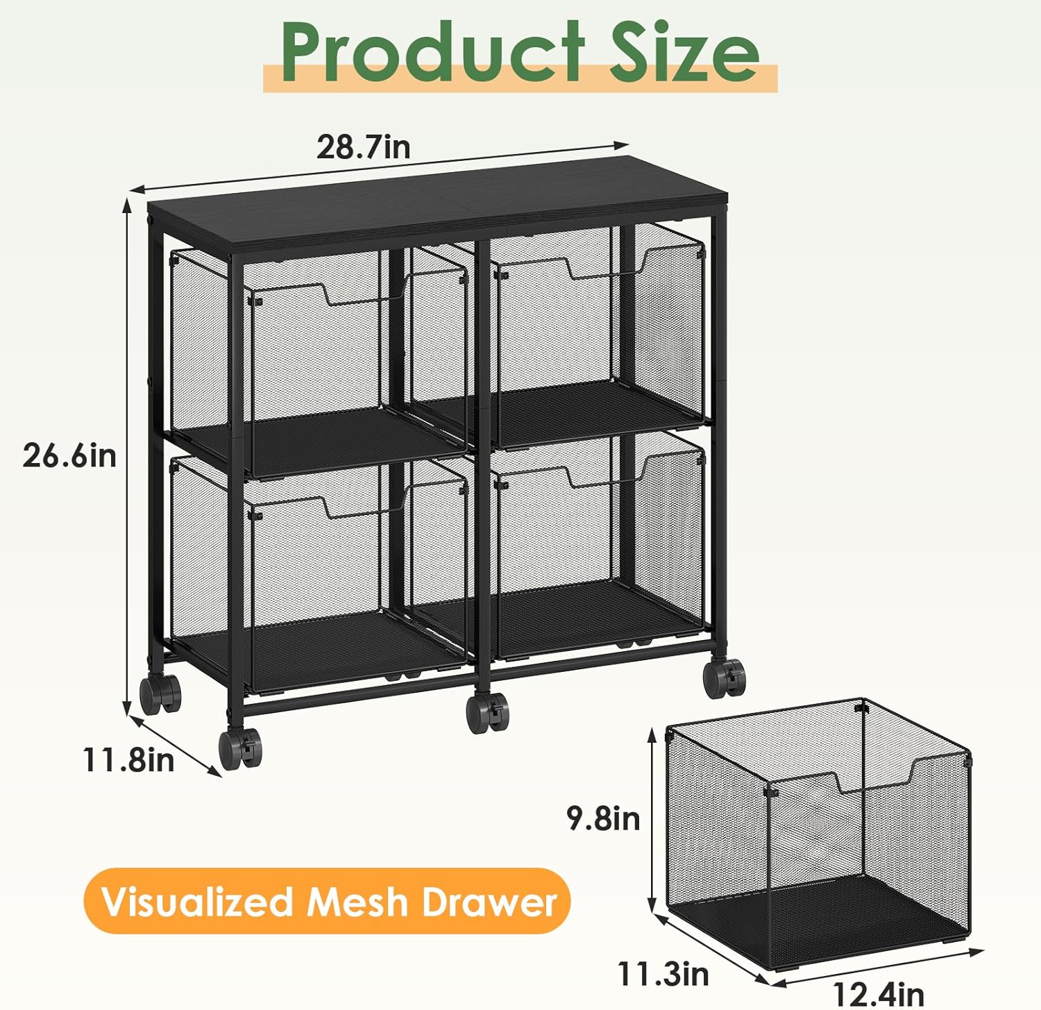 4 Drawer Lateral File Cabinet, Mobile Filing Cabinet, Printer Stand with Wheels Under Desk Storage Office Storage Cabinet Fits Letter Size for Home Office, Black