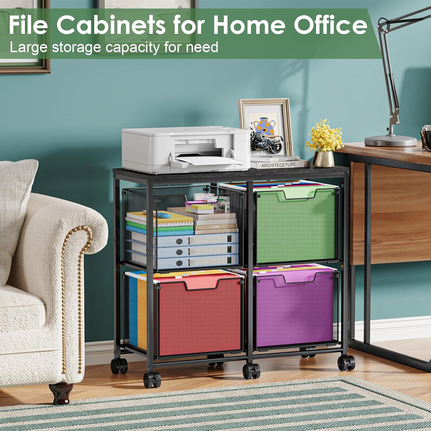 Alternative view of 4 Drawer Lateral File Cabinet, Mobile Filing Cabinet, Printer Stand with Wheels Under Desk Storage Office Storage Cabinet Fits Letter Size for Home Office, Black