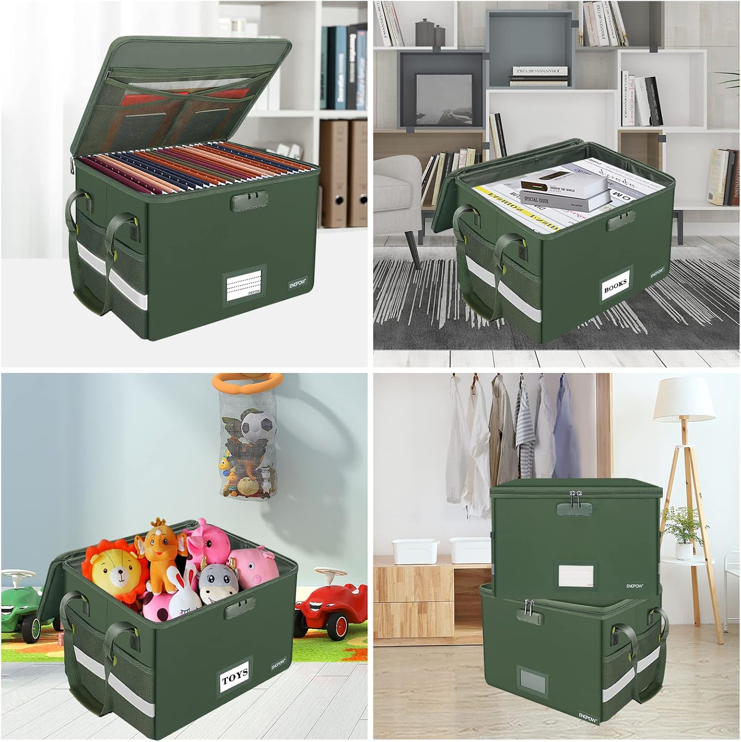 Alternative view of ENGPOW File Box with Lock, Fireproof Document Box with Zipper Lid, Collapsible File Storage Organizer Filing Cabinet with Handle, Portable Home Office Safe for Hanging Letter/Legal Folders, Green