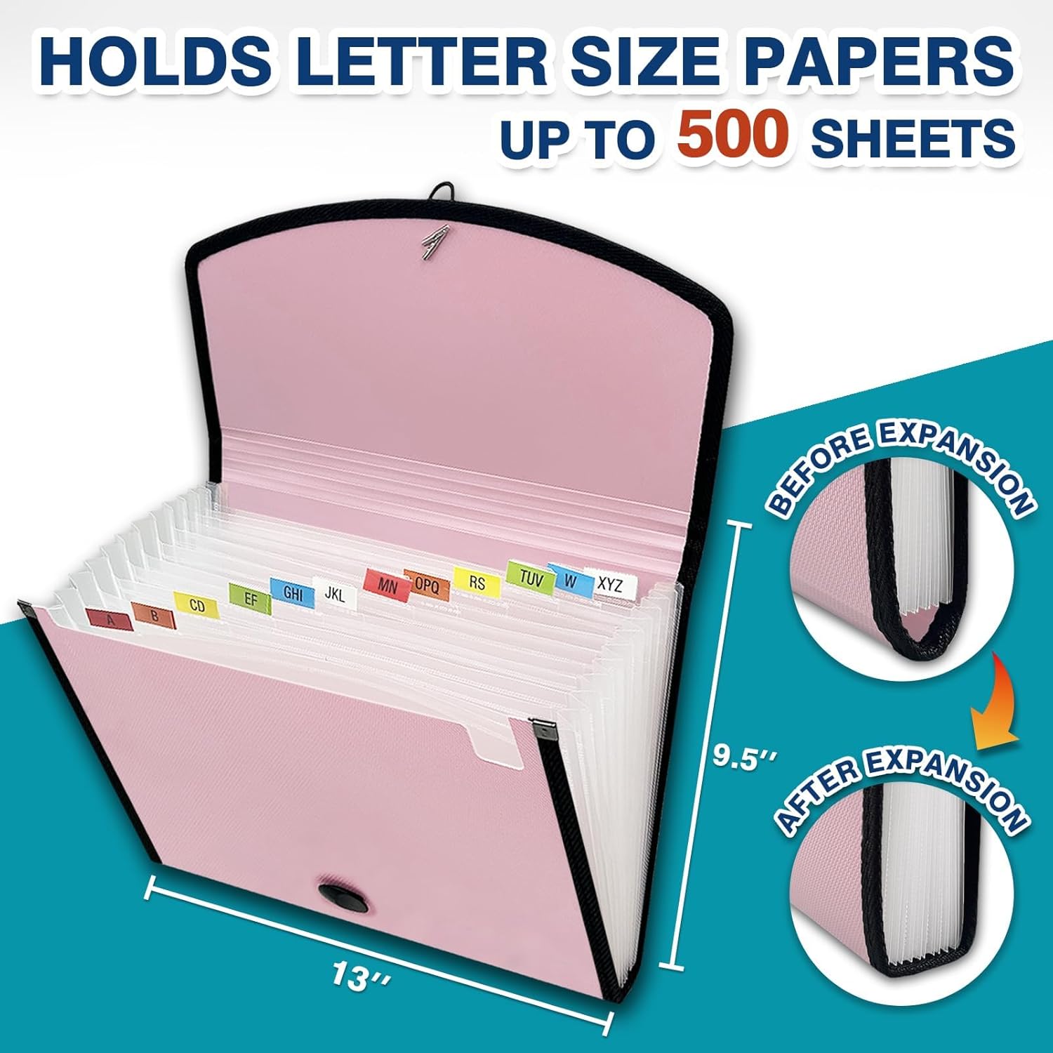 H4D 13-Pocket Accordion File Organizer with Mesh Pocket, Expanding File Folder with Tabs, Expandable Document Organizer for Home Office School, Letter Size, Light Pink