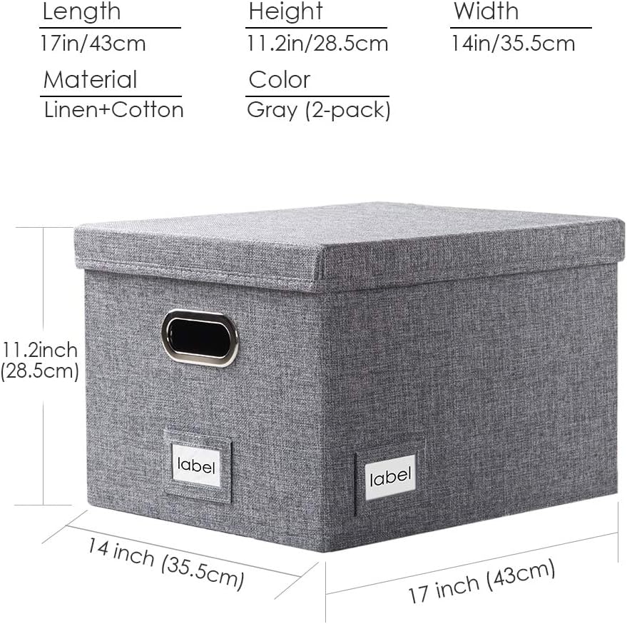 Alternative view of PRANDOM File Organizer Box - Set of 2 Collapsible Decorative Linen Filing Storage Hanging File Folders with Lids Office Cabinet Letter/Legal Size Grey (17x14x11.2 inch)