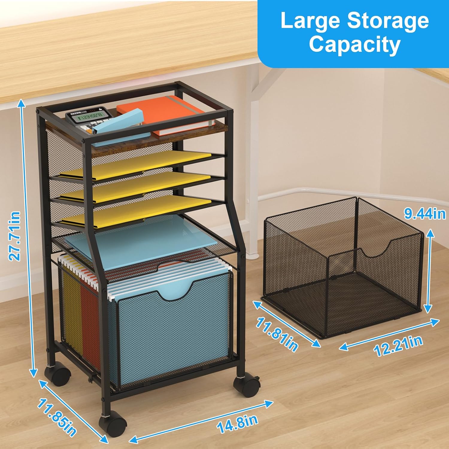 Alternative view of BOHDK Rolling File Cart, 6-Tier Desk File Organizer on Lockable Wheels, Brown Wood Planks & Mesh Sliding Hanging Folder Drawer, Organization Cart for Office Home School