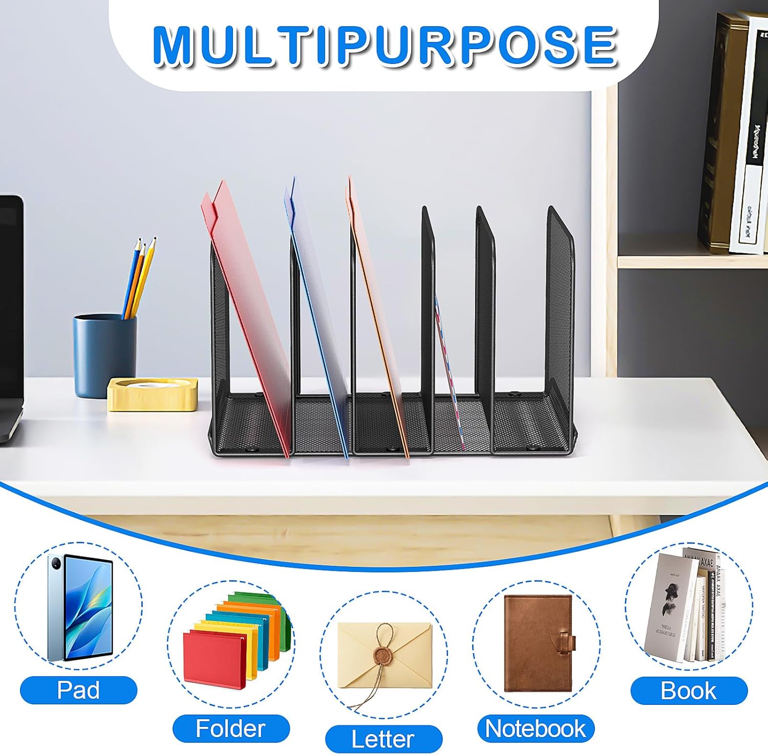 Alternative view of TOPCJ 5 Sections Desk File Holder/Rack/Sorter,Mesh File Organizer,File Folder Organizer,Metal Upright Desktop Organization for Documents,Magazine,Kitchenware,Antiskid,Antirust,Sturdy,1 Pack