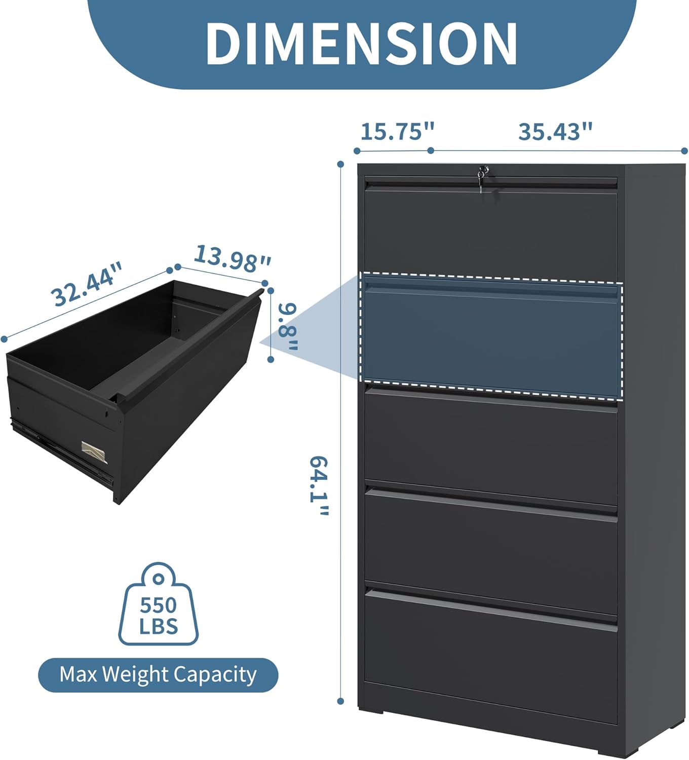 Alternative view of AQY 5 Drawer File Cabinet with Lock,Metal Lateral File Cabinets for Home Office,Steel Wide Filing Organization Storage Cabinets for Hanging Files Letter/Legal/F4/A4 Size,Assembly Required(Black)