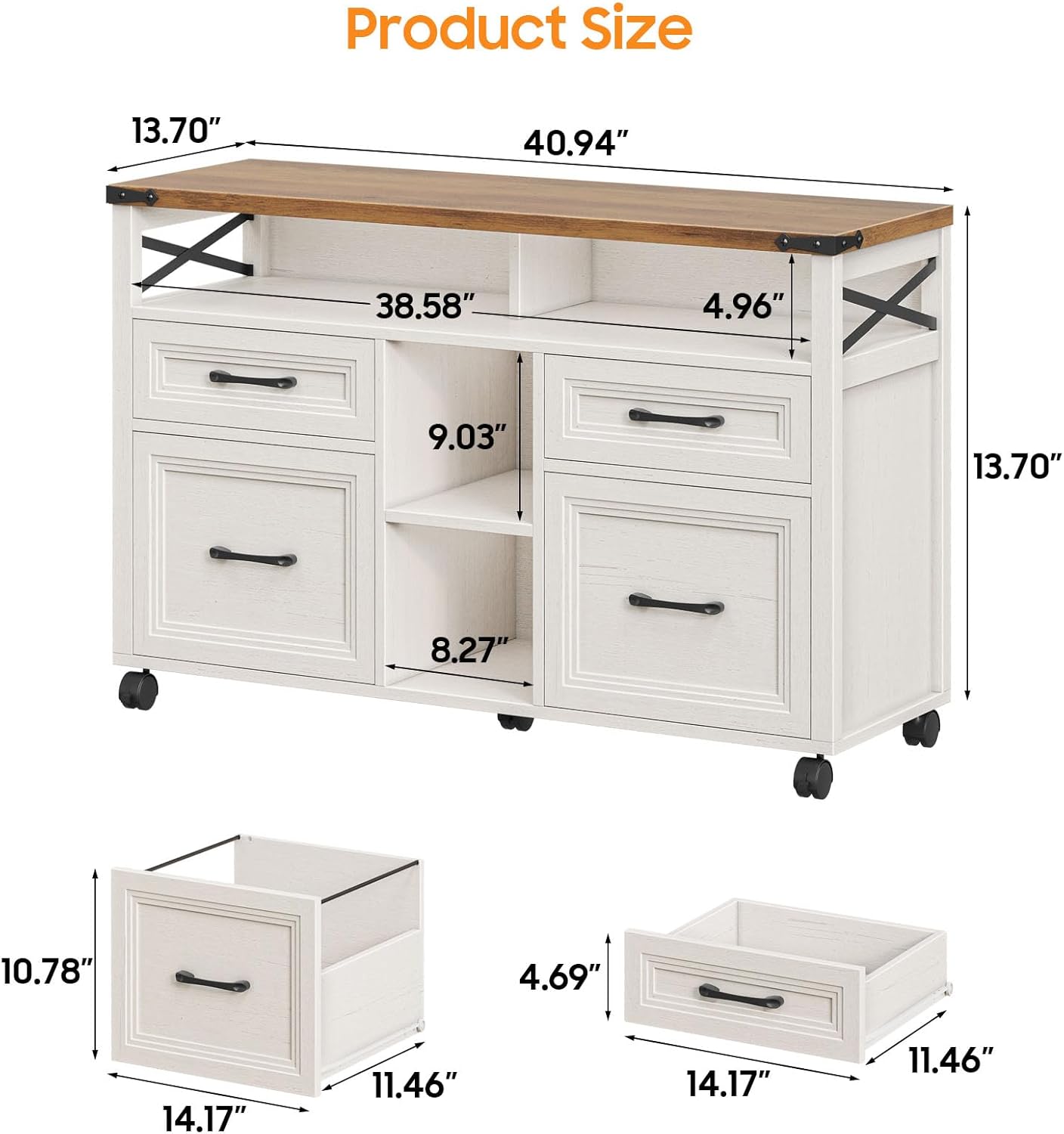 Halitaa Filing Organization Storage Cabinets 4 Drawer with Wheels, Lateral Filing Cabinet with Open Storage Shelf for Home Office, Farmhouse File Cabinets for Hanging Files Letter/A4, Grey