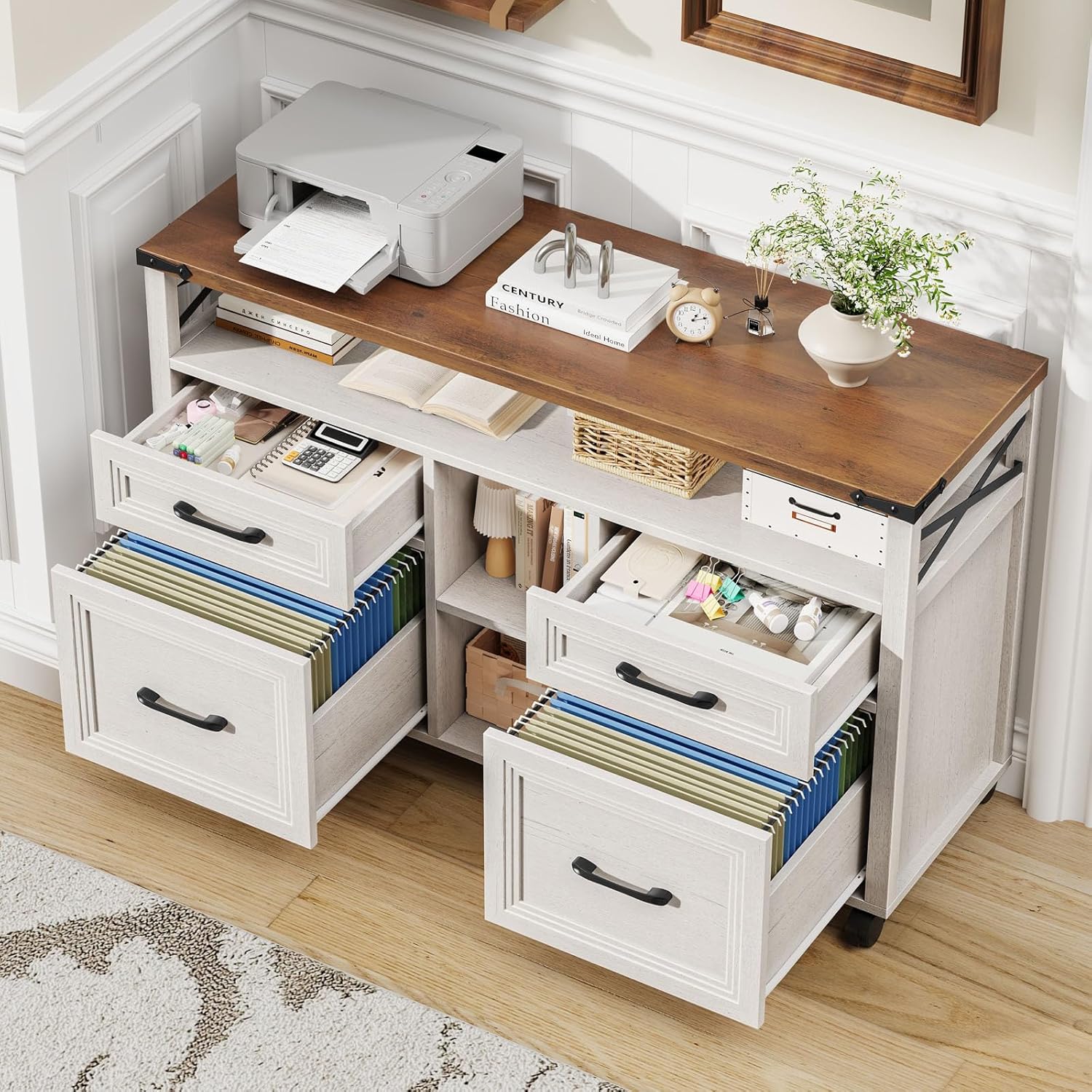 Alternative view of Halitaa Filing Organization Storage Cabinets 4 Drawer with Wheels, Lateral Filing Cabinet with Open Storage Shelf for Home Office, Farmhouse File Cabinets for Hanging Files Letter/A4, Grey