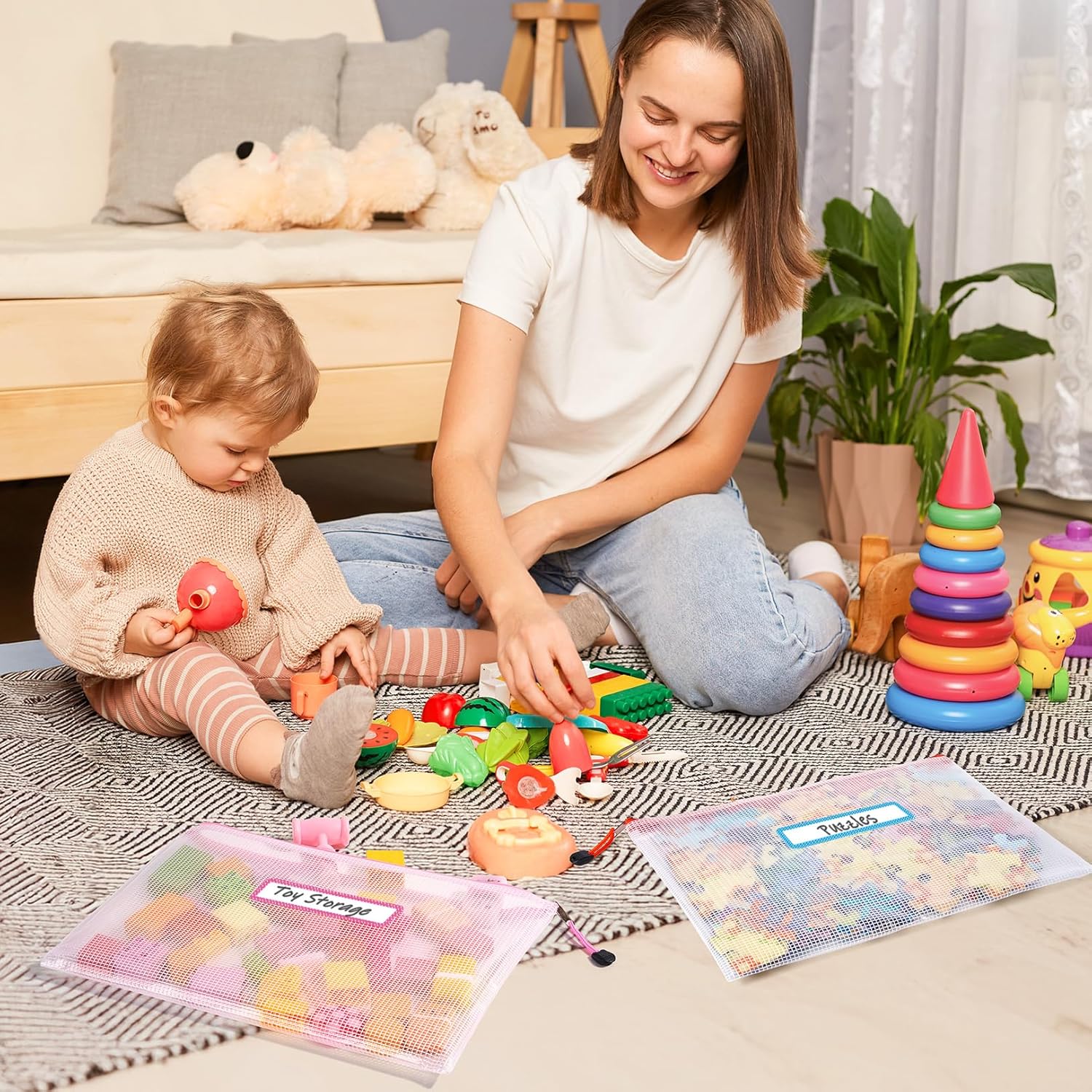 Sooez 36 Pack Mesh Zipper Pouch with Sticky Labels, A4 Mesh Bags, Toy Storage Board Game Puzzles Organization, Sturdy Letter Size File Folders Organizer for Teacher School Classroom Office Supplies