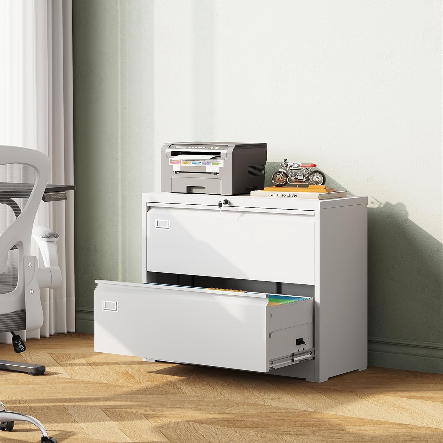 DEVAISE Metal 2 Drawer Lateral File Cabinet, Wide Filing Cabinet with Lock for Home Office School, Filing Organization Storage Cabinet for Hanging Files Letter/Legal/F4/A4 Size, White