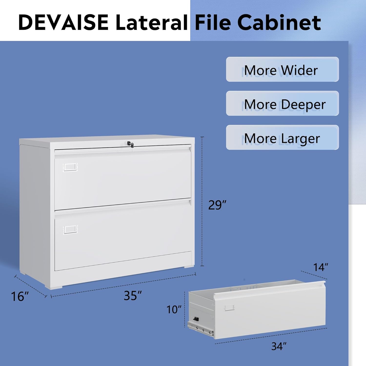 Alternative view of DEVAISE Metal 2 Drawer Lateral File Cabinet, Wide Filing Cabinet with Lock for Home Office School, Filing Organization Storage Cabinet for Hanging Files Letter/Legal/F4/A4 Size, White