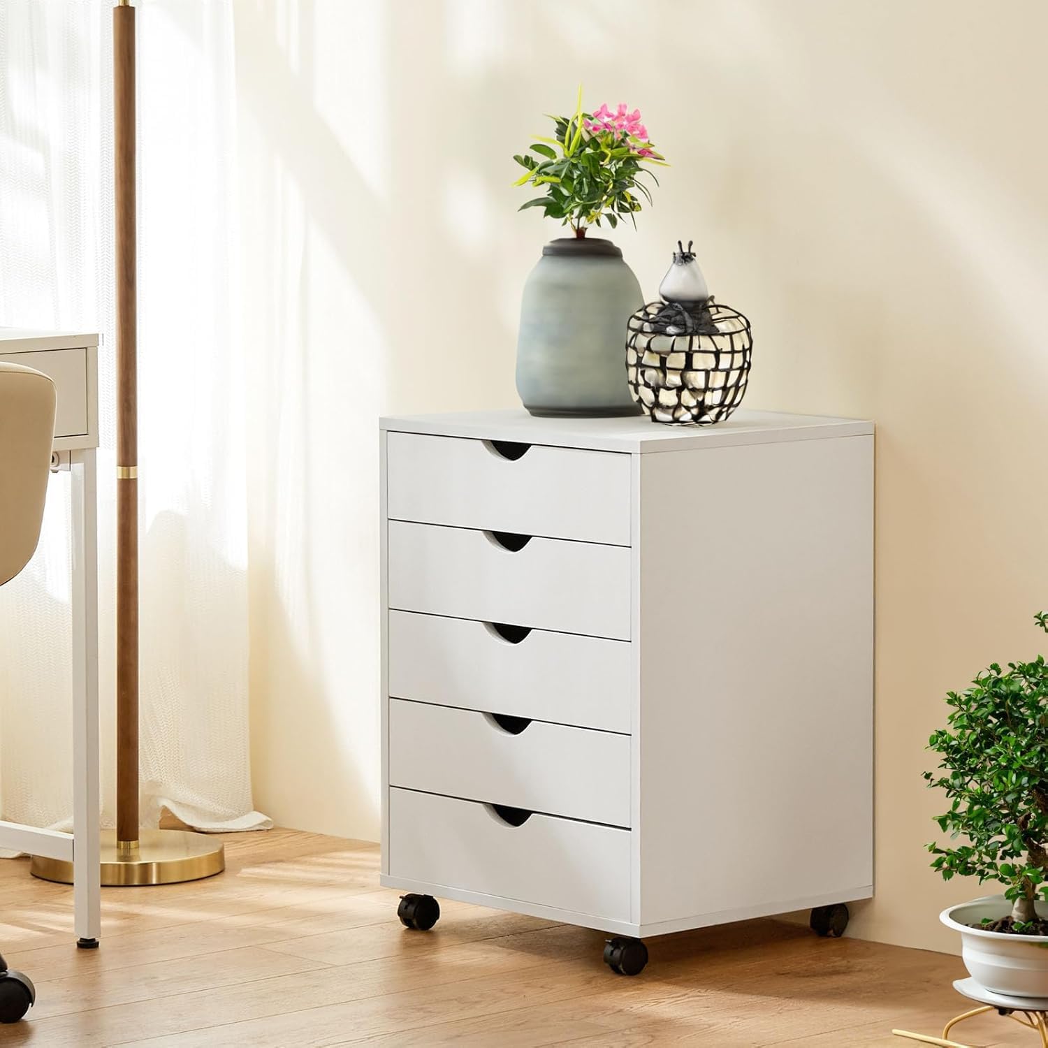 5 Drawer File Cabinet, Under Desk Storage Organization with Wheels, Mobile Filing Chest for Small Desk Printer Stand for Home Office, White
