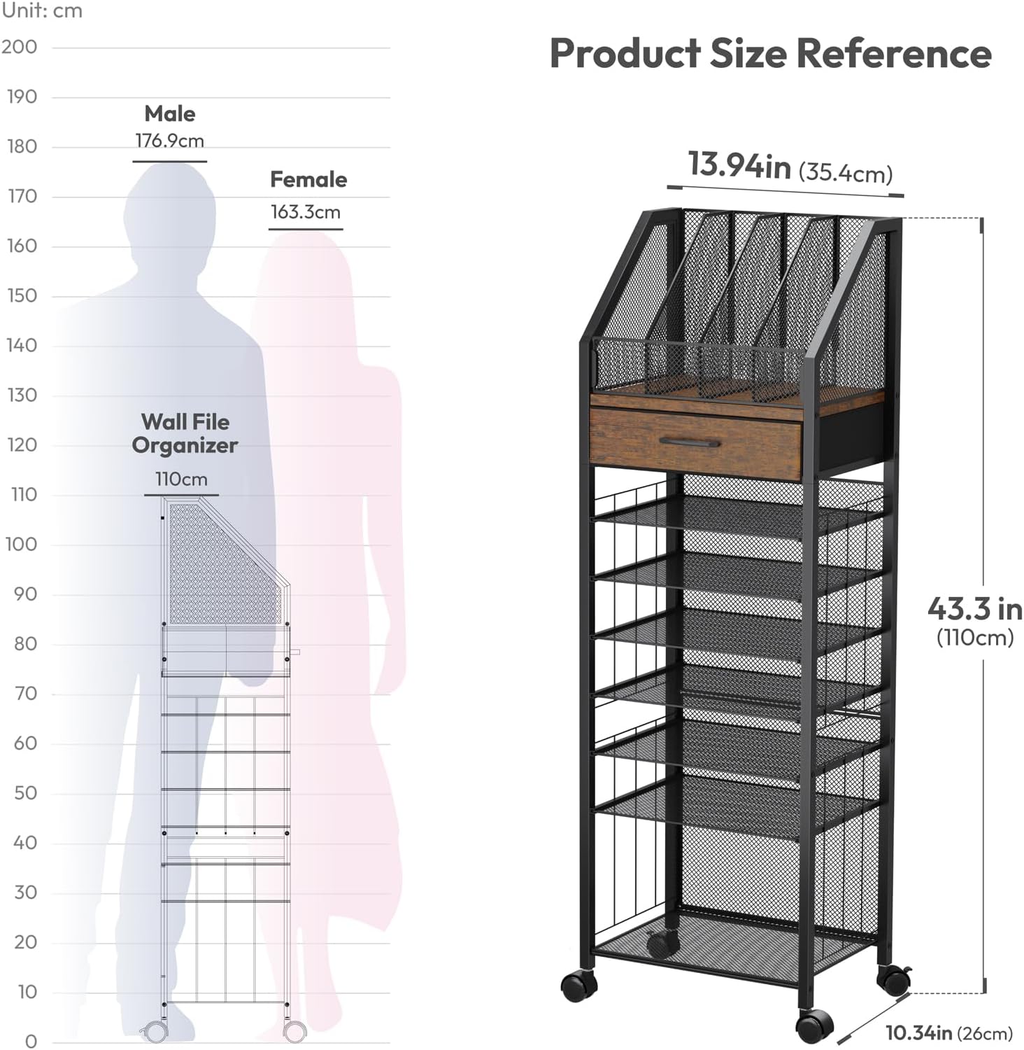 Alternative view of SWTYMIKI 9-Tier Rolling File Cart - Paper Organizer with Drawer and Trays, Wood Desk Office Organizer, Office Organization and Binder Storage for Workspace, Home, School, Espresso